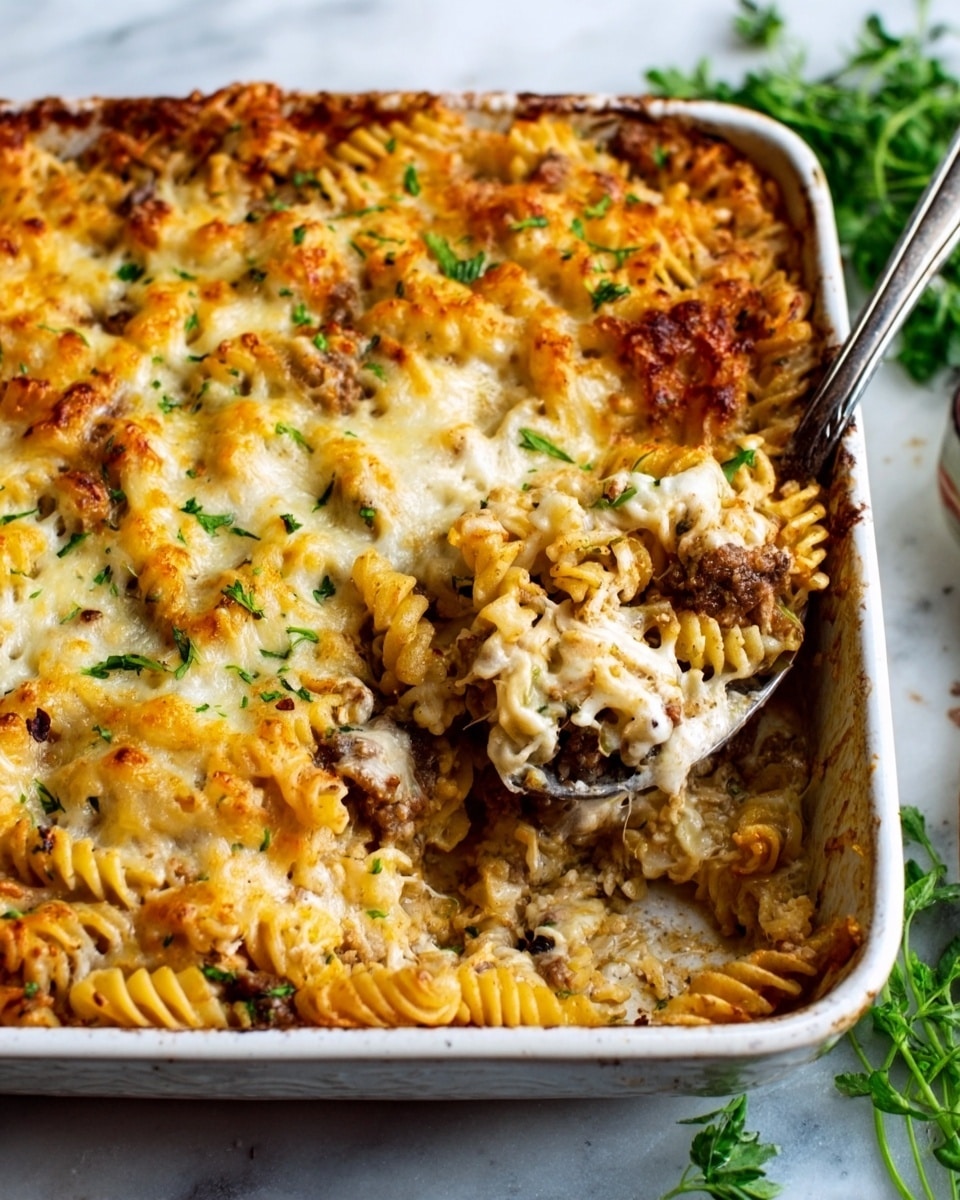 A white rectangular baking dish filled with a creamy pasta bake, showing multiple layers of twisted rotini pasta coated in a golden melted cheese sauce. The top layer is browned and bubbly with slightly crispy cheese spots and small bits of green herbs sprinkled across. Visible underneath the surface are pieces of cooked mushrooms and bits of meat mixed within the pasta. A slightly tarnished silver spoon rests inside the dish on the right side, ready for serving. The dish is placed on a white marbled surface with some fresh green herbs around it. Photo taken with an iphone --ar 4:5 --v 7