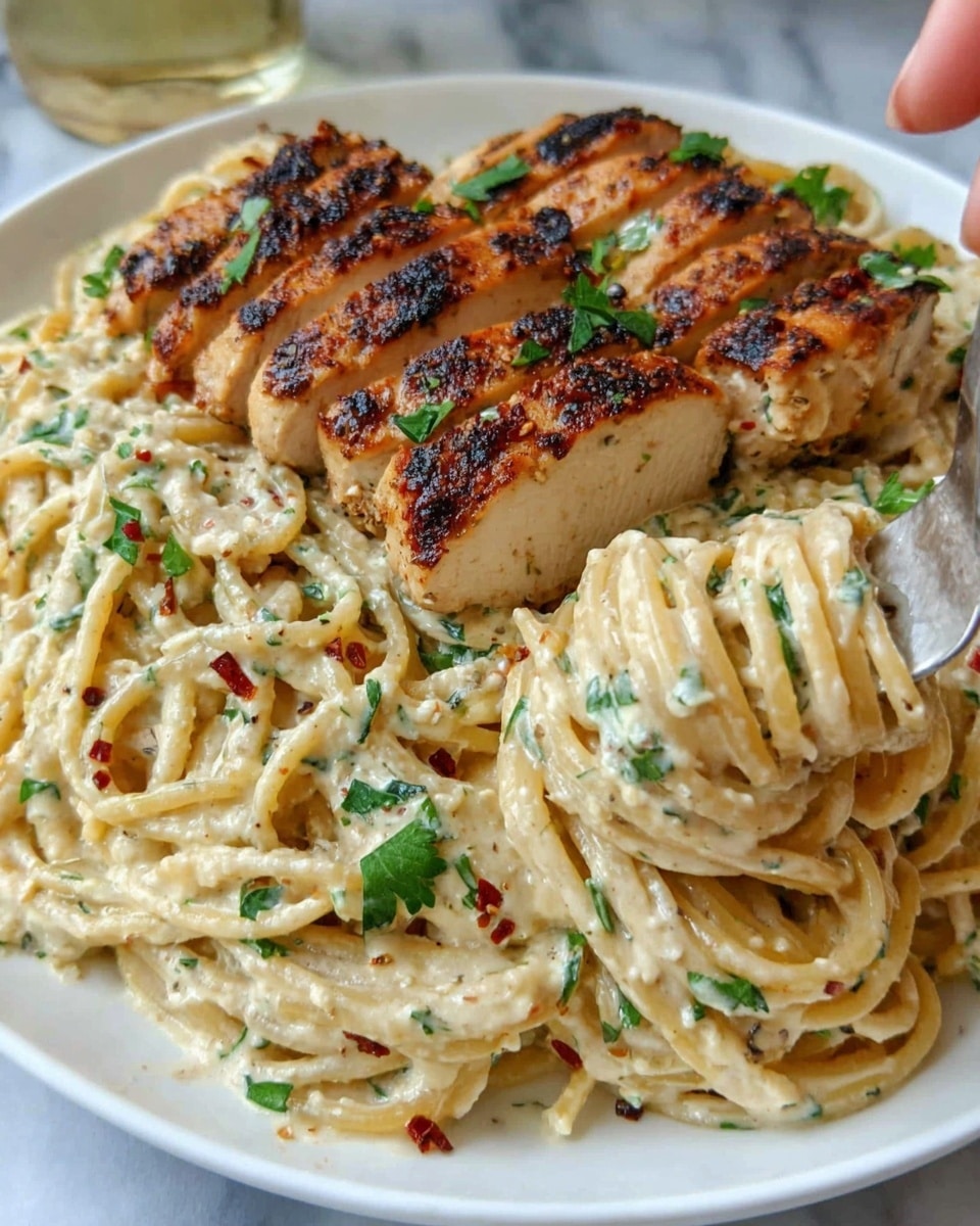 The image shows a white round plate filled with creamy pasta topped with three large pieces of grilled chicken breast. The pasta is long and thick, coated in a smooth, light beige sauce with specks of green herbs and small red bits scattered throughout. The grilled chicken slices have a golden-brown color with darker grill marks and are placed on top of the pasta in a triangular arrangement. Small chopped green herbs are sprinkled over the dish, adding a fresh touch. The plate sits on a white marbled surface. Photo taken with an iphone --ar 4:5 --v 7
