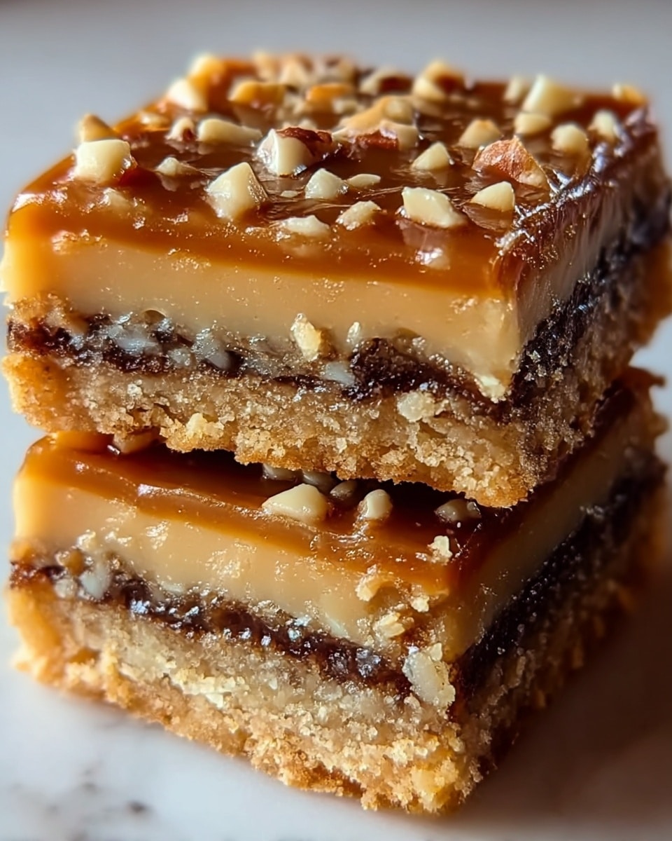 A close-up image of two square dessert bars stacked, with the top bar showing four distinct layers. The bottom layer is a light brown crumbly crust, followed by a darker, soft filling with a coarse texture in the second layer. The third layer is a smooth, shiny caramel color, topped with small pale nut pieces scattered evenly across the surface. The bars rest on a white marbled texture background. Photo taken with an iphone --ar 4:5 --v 7