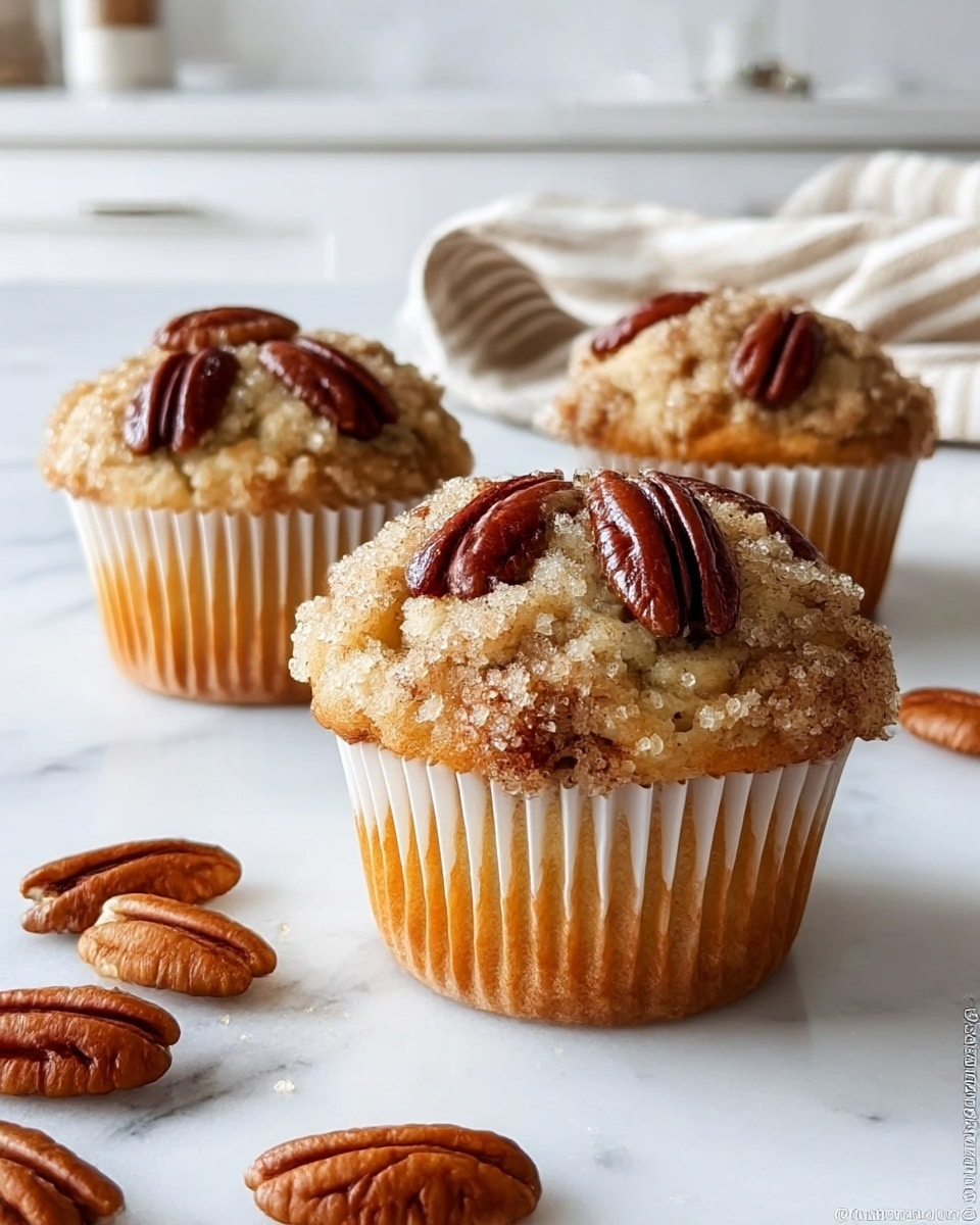 Three warm muffins sit on a white marbled surface, each topped with crunchy golden brown crumbly streusel and three glossy, dark brown pecan halves arranged on top. The muffins have a light brown base with a ridged white paper liner around the bottom. Scattered around the muffins are whole dark brown pecans, some split to show their light creamy interiors. In the softly focused background, a white white marbled countertop and kitchen space add a clean look. photo taken with an iphone --ar 4:5 --v 7
