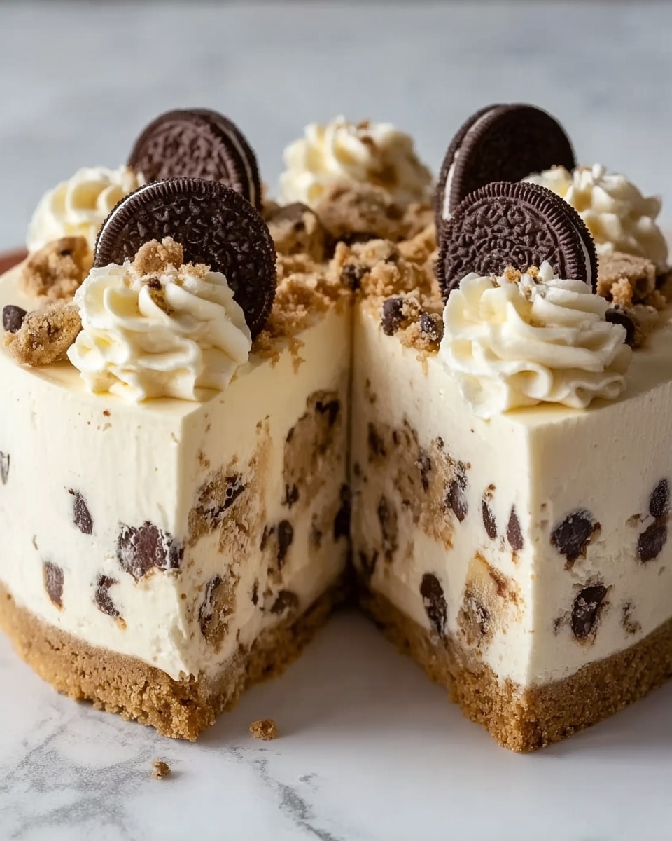 The image shows a thick, round cheesecake with a crumbly brown crust at the bottom. Above the crust, two thick layers of creamy white cheesecake are visible, each filled with soft, bite-sized chunks of cookie dough with chocolate chips inside. The top layer is covered with smooth, pale yellow frosting that drips slightly down the sides. Small dollops of white whipped cream and chocolate cookie pieces decorate the top edge. Three round chocolate discs are placed upright near the top, adding a dark brown contrast. The cake sits on a white marbled surface. photo taken with an iphone --ar 4:5 --v 7