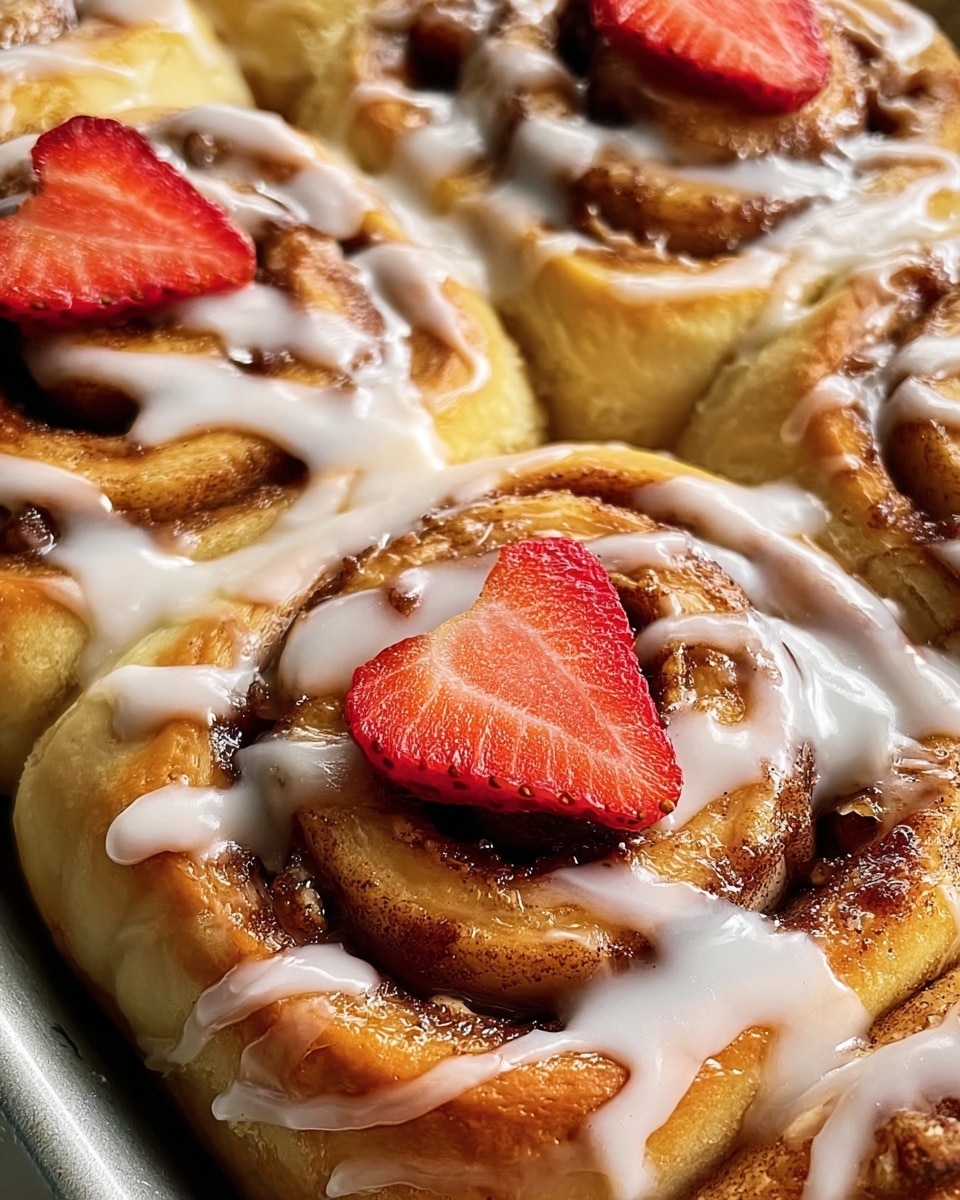 The image shows a close-up of several cinnamon rolls arranged tightly in a white pan. Each roll has a golden-brown fluffy dough base with swirls of cinnamon sugar filling visible inside. Drizzled thick white icing runs unevenly across the top of the rolls, with a shiny glaze adding a caramelized shine in spots. Each cinnamon roll is topped with a bright red sliced strawberry, adding a fresh pop of color and texture contrast. The background is a soft focused white marbled texture. photo taken with an iphone --ar 4:5 --v 7