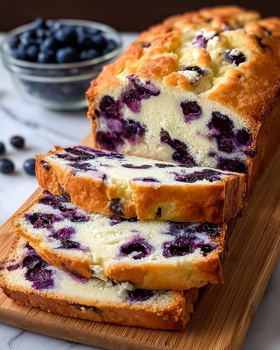 A loaf of blueberry cake with a golden-brown crust sits on a wooden board with two slices cut from the front. The cake's inside is light and fluffy, with many dark purple blueberries scattered throughout. The texture looks soft and moist, with some creamy white bits mixed in around the blueberries. In the background, a clear glass bowl filled with fresh blueberries rests on a white marbled surface. The image is close up, showing the crumb detail and juicy berries clearly. Photo taken with an iphone --ar 4:5 --v 7