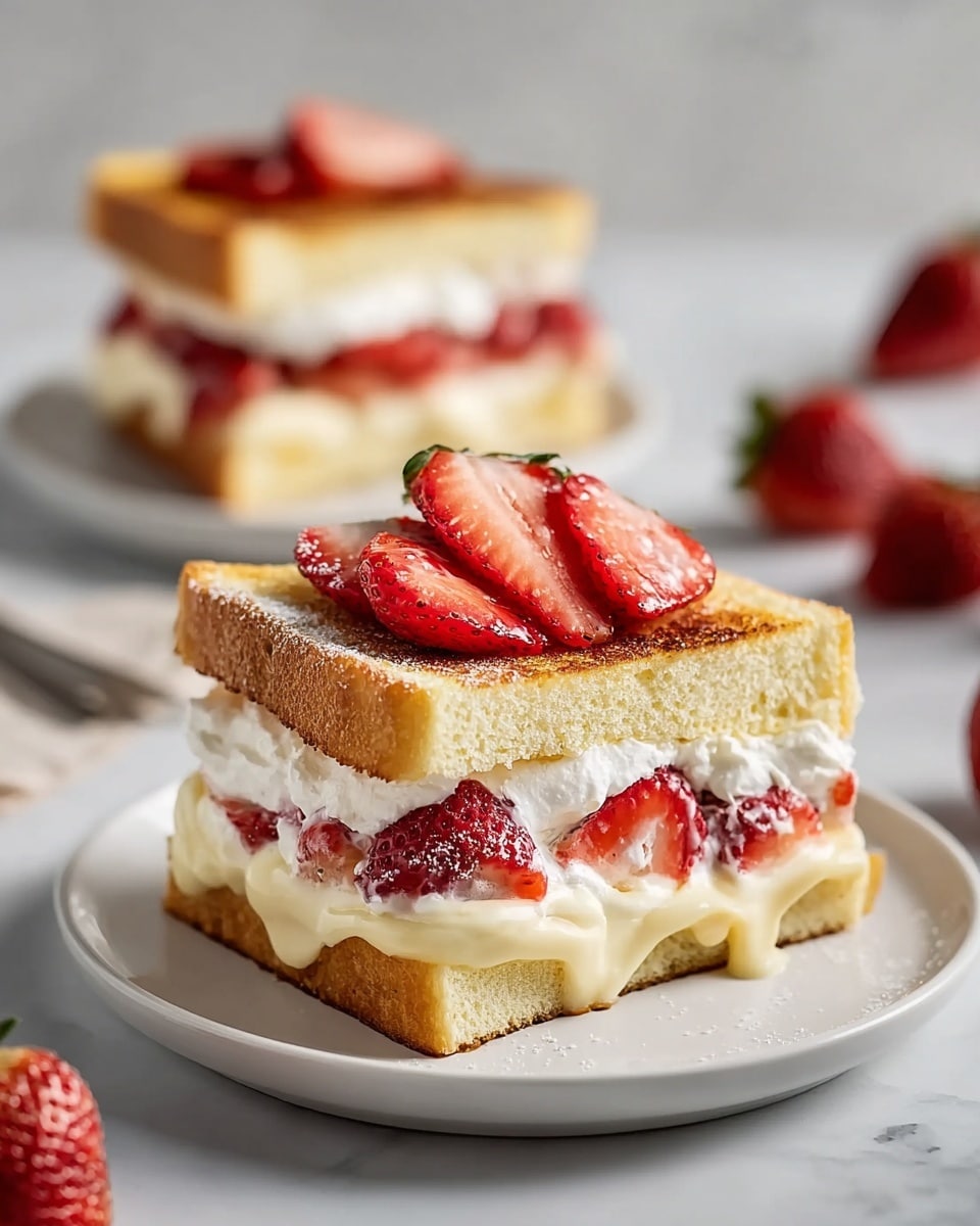 The image shows a sandwich made with two slices of toasted bread, golden brown on top. The sandwich has three visible layers inside: a bottom layer of thick, creamy white spread slightly melting over the edge, a middle layer of fresh red strawberry slices mixed with white whipped cream, and the top layer is the toasted bread slice with some sliced strawberries placed on it. The sandwich sits on a white plate, with another identical sandwich blurred out in the background on a white plate as well. The setup is on a white marbled surface. Photo taken with an iphone --ar 4:5 --v 7