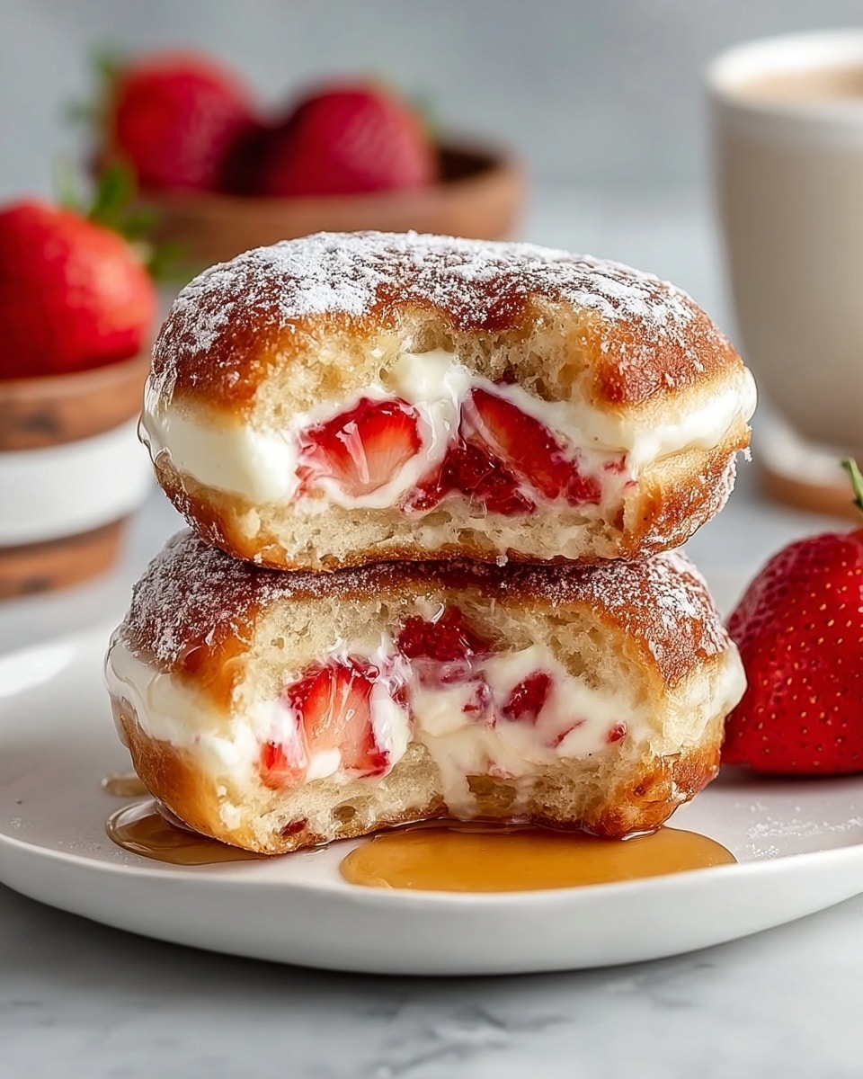 Two stacked pieces of a golden brown donut cut in half show three layers: the outer dough with a slightly crispy texture, a middle white cream layer, and chunks of fresh red strawberry inside the cream. The top donut half has powdered sugar and amber syrup dripping down the sides and pooling on the white plate underneath. In the blurred background on a white marbled surface, there are whole strawberries and a small white cup of syrup. photo taken with an iphone --ar 4:5 --v 7