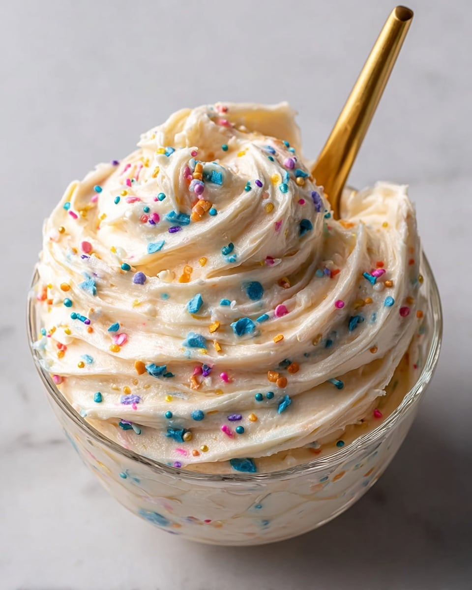 A clear glass bowl filled with a thick, creamy mixture that has a light beige base color speckled evenly with colorful rainbow sprinkles in blue, pink, orange, yellow, and green. The mixture is swirled in a high dome shape, creating smooth, soft peaks and ridges that show the playful colors throughout. A shiny gold spoon is placed inside the bowl on the right side, partially submerged in the creamy mix. The bowl sits on a white marbled surface, and the overall look is rich and inviting with a cheerful sprinkle pattern. photo taken with an iphone --ar 4:5 --v 7
