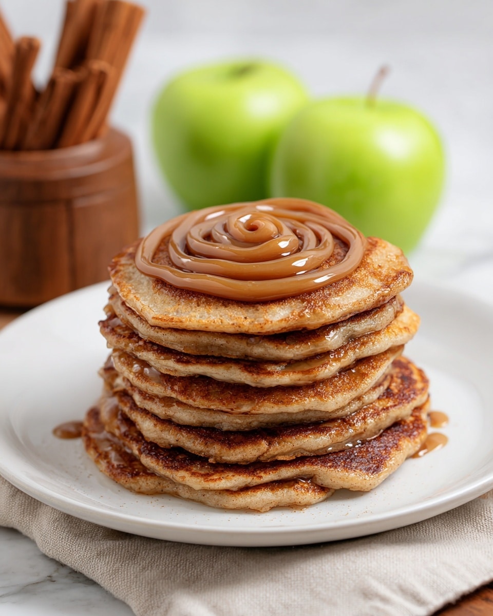 A stack of six golden-brown pancakes with a rough, fluffy texture is placed at the center of a white plate, each pancake evenly layered on top of the other. On the top pancake, there is a spiral of thick, glossy brown syrup drizzled in a circular pattern. The background shows two green apples slightly blurred on the left side and a wooden container filled with cinnamon sticks on the right. The plate is set on a white marbled surface with a textured cream cloth partly visible at the bottom. photo taken with an iphone --ar 4:5 --v 7