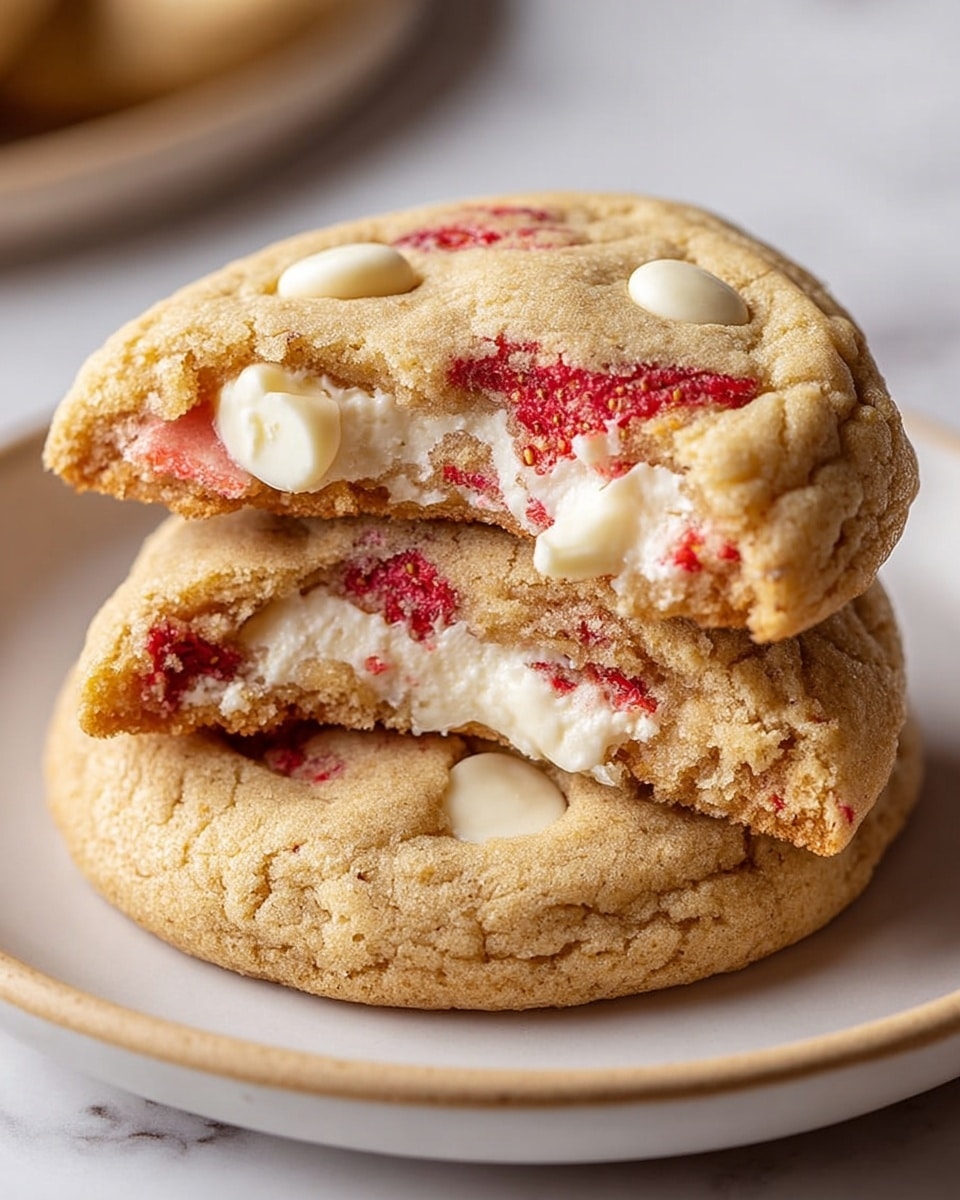 Two thick, soft cookies stacked on a white plate with a white marbled texture surface. The bottom cookie is whole, showing a cracked light brown golden texture with some white chocolate chips on top. The top cookie is broken in half, revealing three layers inside: a crispy cookie outer edge in light brown, a creamy white filling in the middle, and a bright red jam layer with fruity texture swirling through the cream. The cookies look chewy and fresh, with the red jam slightly melting into the filling. Photo taken with an iphone --ar 4:5 --v 7