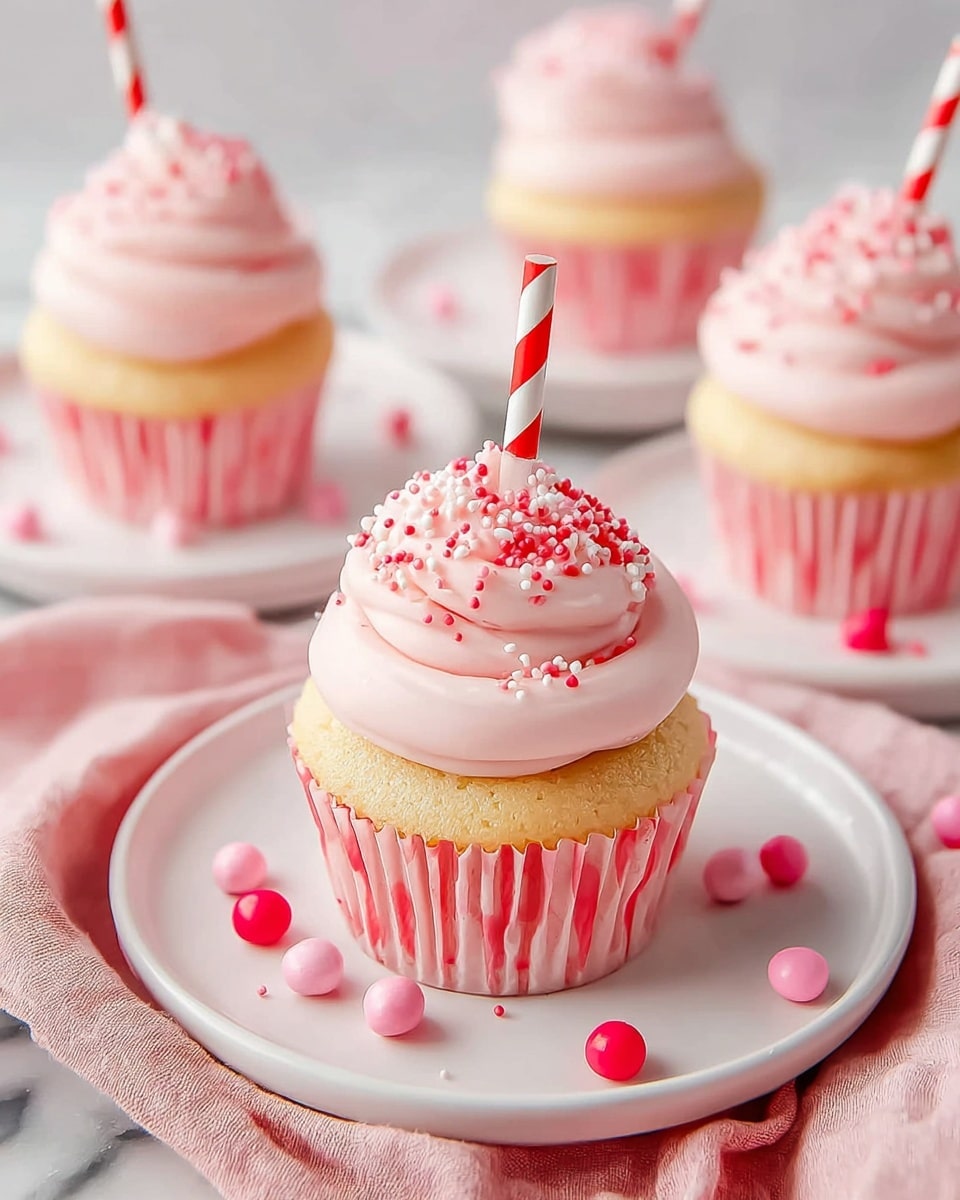 The image shows a close-up of a single cupcake on a white plate with a pink cloth underneath. The cupcake has a pink wrapper at the bottom, a light yellow cake layer, and a thick swirl of light pink frosting on top, covered with red, white, and pink round sprinkles. A red and white striped straw is placed vertically in the center of the frosting. In the background, there are three more cupcakes with the same pink frosting and wrappers placed on small white plates, all set on a white marbled surface. photo taken with an iphone --ar 4:5 --v 7