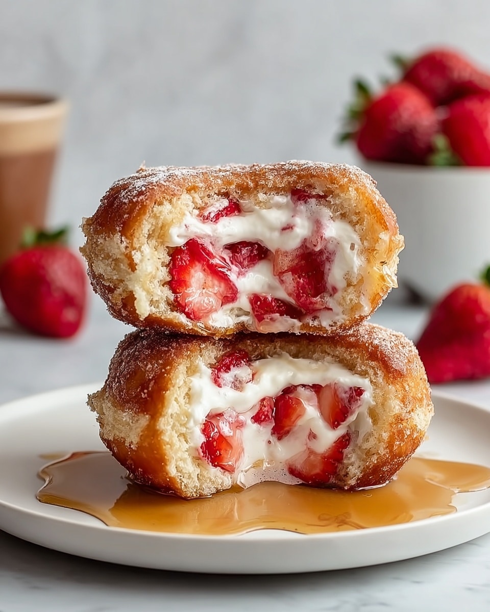 The image shows two pieces of a donut stacked on a white plate with syrup dripping on and around them. Each donut is cut in half, revealing two layers inside: the top and bottom layers are golden brown with a fluffy texture, and the middle layer is white cream filled with chunks of red strawberries. The syrup adds a shiny, amber glaze over the donut tops. In the background, there is a blurred view of whole strawberries and another plate of donuts on a white marbled surface. Photo taken with an iphone --ar 4:5 --v 7