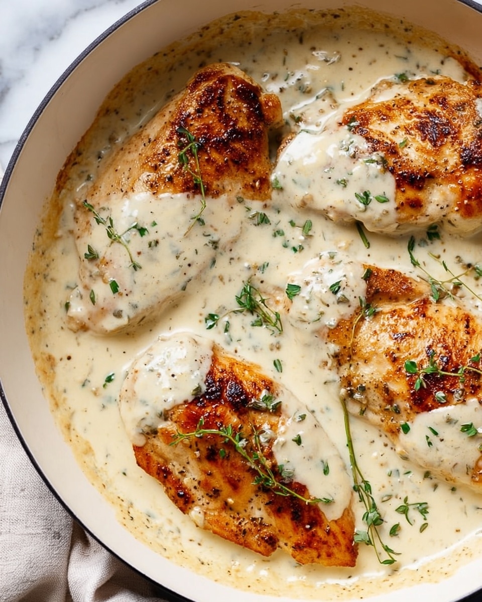 A white pan filled with several pieces of golden-brown grilled chicken breasts partially covered by a thick creamy white sauce. The sauce has a smooth texture with small bits of green herbs scattered throughout. The top of the chicken pieces is slightly charred and shiny from the sauce, with chopped green parsley sprinkled over the dish. The pan rests on a white marbled surface. photo taken with an iphone --ar 4:5 --v 7