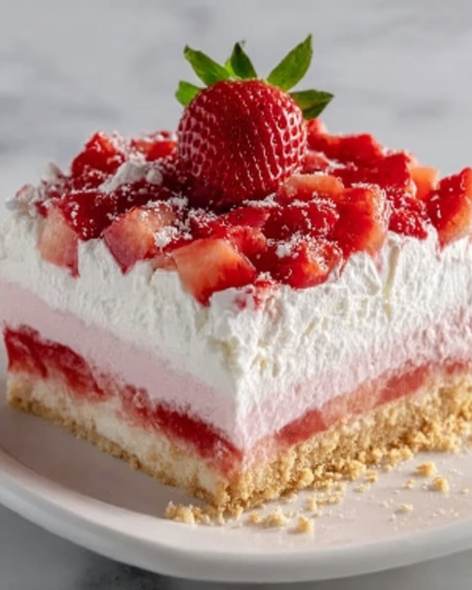 A square piece of dessert with four visible layers sits on a white plate against a white marbled surface. The bottom layer is a crumbly light brown crust made of crushed biscuits. Above it is a pale pink creamy layer with a smooth texture. The third layer is thick, white whipped cream, fluffy and soft-looking. The top layer has small bright red strawberry pieces spread evenly and a whole ripe strawberry with a green top placed in the center, adding a fresh look. Photo taken with an iphone --ar 4:5 --v 7