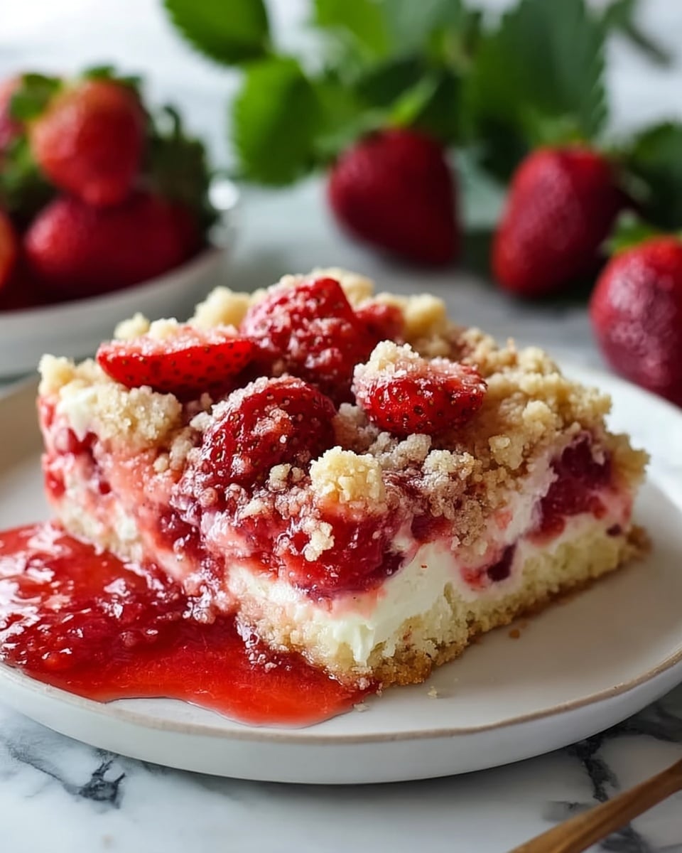The image shows a slice of strawberry dessert on a white plate set on a wooden board over a white marbled surface. The dessert has three clear layers: a crumbly golden brown top crust sprinkled with powdered sugar and studded with whole and halved bright red strawberries; a thick middle layer of creamy white filling that looks smooth and soft; and a bottom layer that is a mix of pink strawberry filling with chunks of strawberries blending into the crust. The strawberries add a fresh, juicy contrast with shiny, textured seeds, and some green leaves are visible blurred in the background. photo taken with an iphone --ar 4:5 --v 7