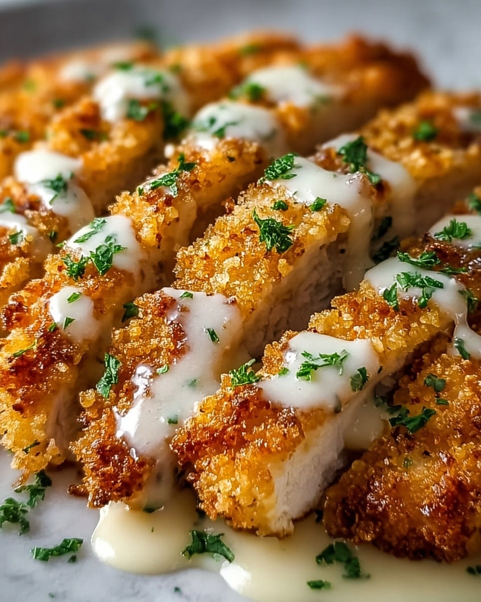 The image shows a close-up of golden brown crispy fried chicken cut into thick slices. The chicken is coated with a crunchy breadcrumb crust with a rough texture. There is a creamy white sauce drizzled over the top, pooling slightly around the bottom edges. Fresh green chopped herbs are sprinkled on top, adding a touch of color contrast. The chicken sits on a white plate, all placed on a white marbled surface. photo taken with an iphone --ar 4:5 --v 7