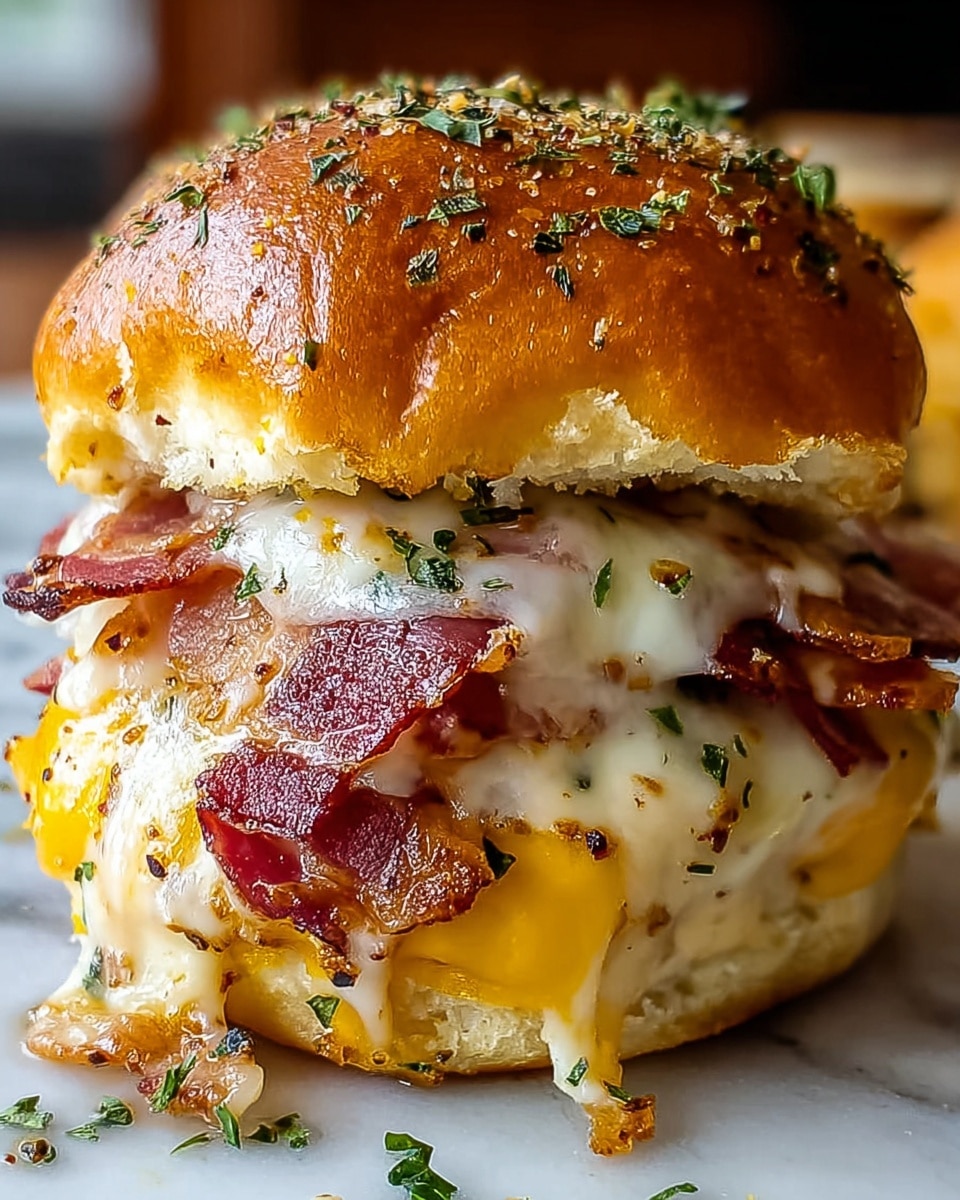 A close-up view of a thick sandwich with three main layers held by a soft, shiny, golden brown bun sprinkled with herbs and seeds on top. The bottom bun is white and fluffy, topped with a melted white cheese layer mixed with slightly crispy bacon pieces. Above that is a rich yellow melted cheddar cheese layer also mingled with crispy bacon. The next layer is a second melted white cheese layer on more bacon, with the top bun slightly pressed down, showing the gooey, stringy cheese stretching between the layers. The sandwich sits on a white marbled surface with scattered herbs around. photo taken with an iphone --ar 4:5 --v 7