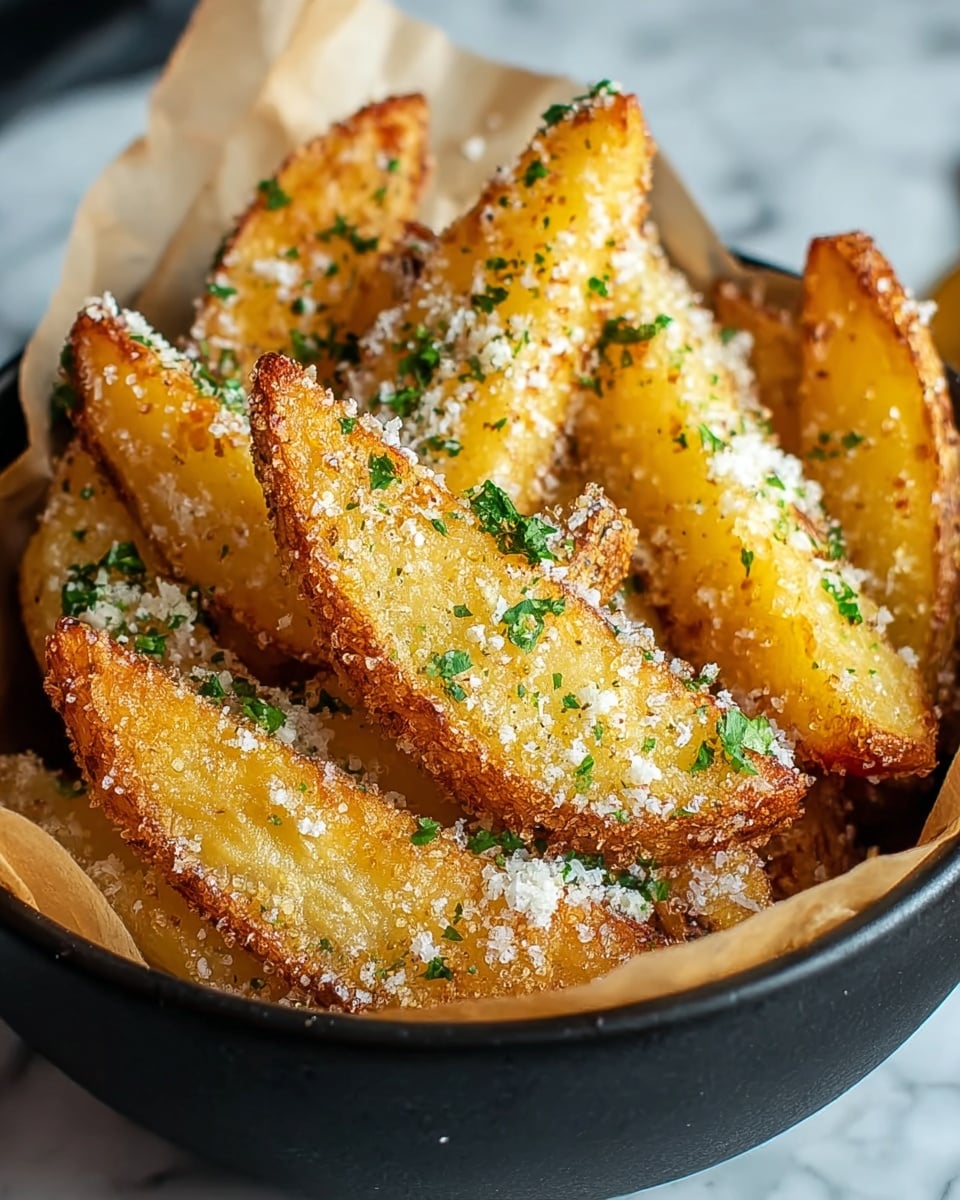 A close-up view of golden-brown potato wedges in a white bowl lined with brown parchment paper, each wedge crispy with a slightly rough texture and a light coating of grated white cheese and finely chopped green herbs, showing slight charring on the edges for a roasted look, all sitting on a white marbled surface. photo taken with an iphone --ar 4:5 --v 7
