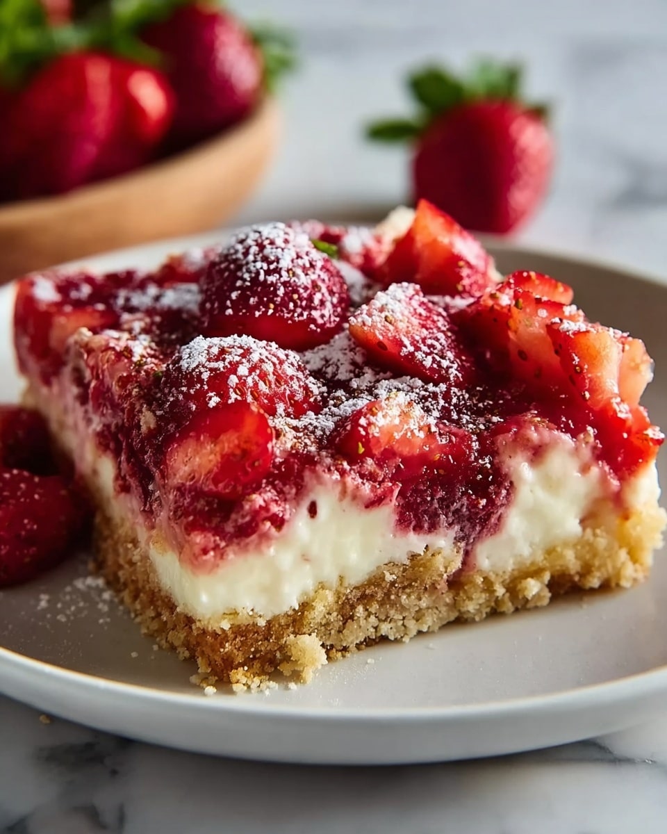 The image shows a small round sponge cake on a white plate placed on a white marbled texture. The cake is light yellow with a slightly rough texture and sponge holes. On top, there is a layer of sliced red strawberries arranged carefully, with a swirl of white whipped cream sitting in the center. A halved strawberry with green leaves stands upright on top of the cream. A few strawberry slices are placed on the plate around the cake. A silver fork is resting beside the cake on the plate. In the background, more similar cakes are visible, slightly out of focus, on a white plate. photo taken with an iphone --ar 4:5 --v 7
