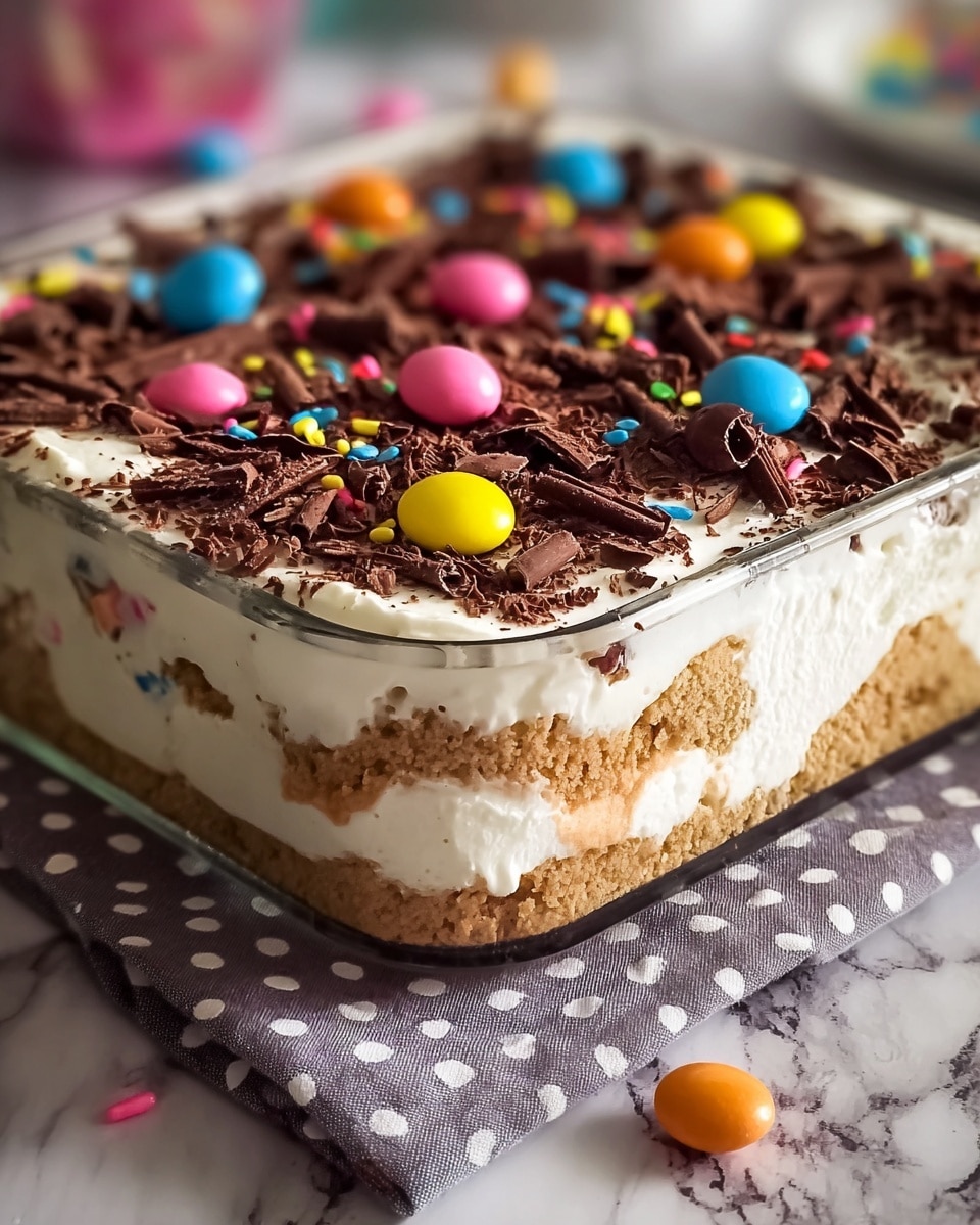 A square glass dish holds a layered dessert with three visible layers: a creamy white bottom layer, a middle layer with swirls of dark brown chocolate, and a thick white top layer. The top is decorated with crushed dark chocolate cookie crumbs, colorful candy sprinkles, bright pastel pink, yellow, orange, blue eggs, and pieces of milk chocolate shaped like eggs and other small candies. The dish sits on a gray cloth on a white marbled surface with a few pastel candy eggs scattered around. Photo taken with an iphone --ar 4:5 --v 7