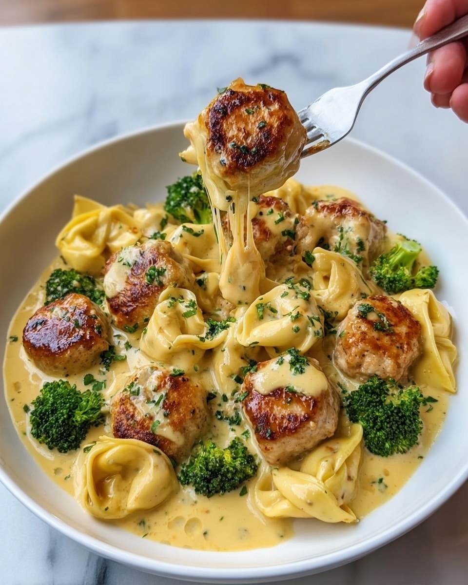 A close-up shows a white plate filled with pasta and chicken in a creamy yellow sauce. The pasta is tortellini, shaped like small filled rings, lightly coated with the sauce that looks smooth and shiny. Around the pasta are browned, small round chicken pieces with a golden crust. Bright green broccoli florets are scattered throughout the dish, adding color contrast. A woman's hand holds a spoon lifting a piece of chicken and a tortellini, with strings of melted cheese stretching down into the plate. The plate sits on a white marbled surface. photo taken with an iphone --ar 4:5 --v 7
