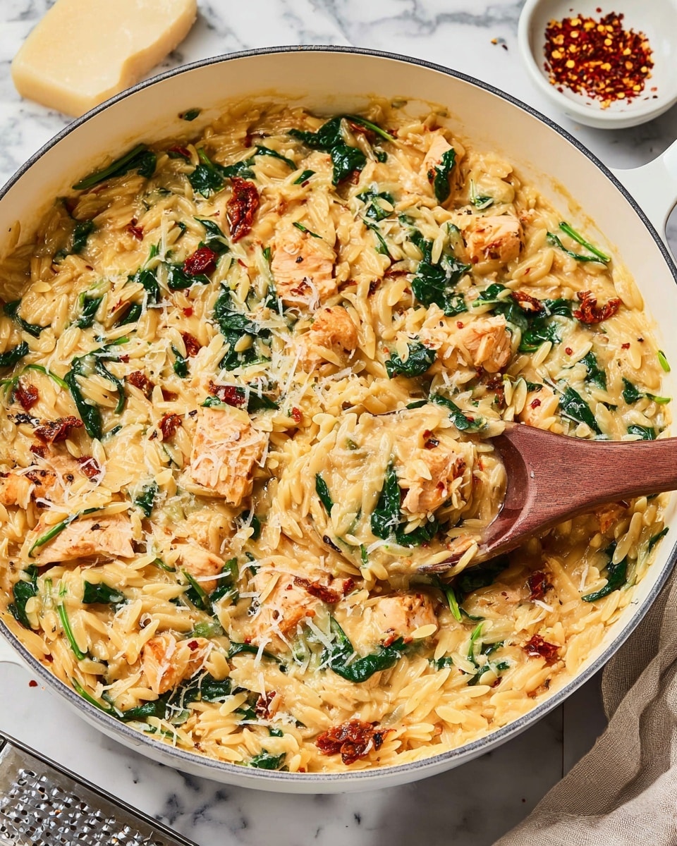 A large white pan filled with creamy orzo pasta mixed with cooked chicken pieces, bright green spinach leaves, and small bits of sun-dried tomatoes, all coated in a rich orange cheese sauce with visible melted cheese strands on the surface. A wooden spoon is scooping a portion of the dish, showing the mix of all ingredients closely. In the background, a small white bowl with red chili flakes and a cheese grater with a block of cheese sit on a white marbled surface. photo taken with an iphone --ar 4:5 --v 7
