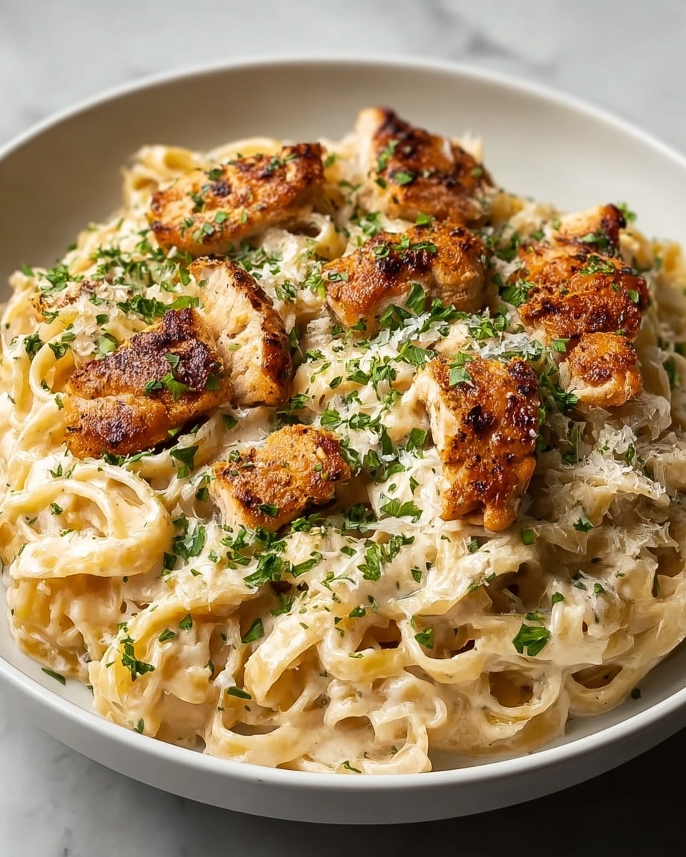 A white bowl holds a creamy pasta dish with thick, light yellow noodles well coated in a smooth, white cheese sauce. On top, there are multiple pieces of golden-brown grilled chicken with slightly crispy edges. Green chopped herbs are sprinkled all over the dish, adding a fresh color contrast. The bowl sits on a white marbled surface that softly reflects light. photo taken with an iphone --ar 4:5 --v 7