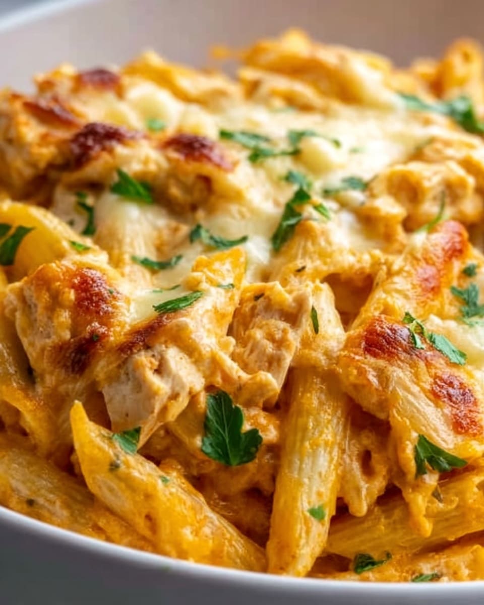The image shows a close-up of a baked pasta dish in a white bowl, with several layers visible. The bottom layer is pasta, creamy and orange-tinted. Mixed in are white chunks of cooked chicken and melted cheese, which is golden brown and bubbly on top. Small pieces of green herbs are sprinkled across the surface. The texture looks soft and cheesy with some crispy spots. The photo was taken with an iphone --ar 4:5 --v 7