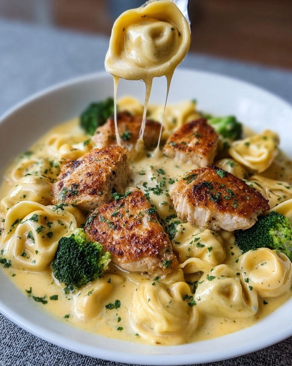 A white plate holds a creamy pasta dish with tortellini and browned chicken pieces. The tortellini are light yellow and folded, covered in thick, light yellow cheese sauce that stretches as a woman's hand lifts some with a fork. The chicken pieces are golden brown and seared on top, scattered evenly among the pasta. Small green broccoli florets and finely chopped green herbs are sprinkled throughout, adding color contrast. The dish is rich and glossy, sitting on a white marbled surface. photo taken with an iphone --ar 4:5 --v 7