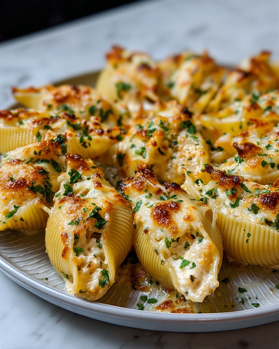 A close-up image of stuffed pasta shells arranged on a dark plate set on a white marbled surface, showing two main layers: the pasta shells themselves, which are a light yellow with ridges, and a topping of melted, golden-brown cheese with slight charring and browning on the surface. The shells appear filled with a creamy sauce visible inside. Fresh green chopped herbs are sprinkled over the cheese, adding a fresh color contrast. The setting is bright and the focus is sharp on the pasta. Photo taken with an iphone --ar 4:5 --v 7