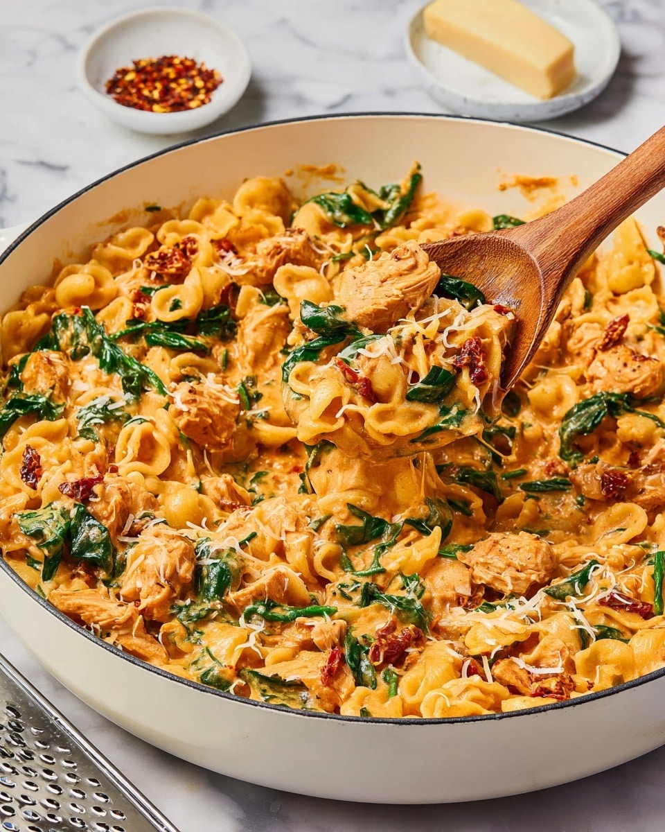 A large white pan filled with creamy orzo pasta mixed with bright green spinach leaves, small golden-brown chicken pieces, and bits of sun-dried tomatoes scattered throughout. The orzo is coated in a rich, slightly orange cheese sauce giving a smooth texture, and the dish is being stirred with a wooden spoon held by a woman's hand. In the background, there is a white small bowl with red chili flakes, a metal cheese grater with a block of cheese on top, all set on a white marbled surface. photo taken with an iphone --ar 4:5 --v 7