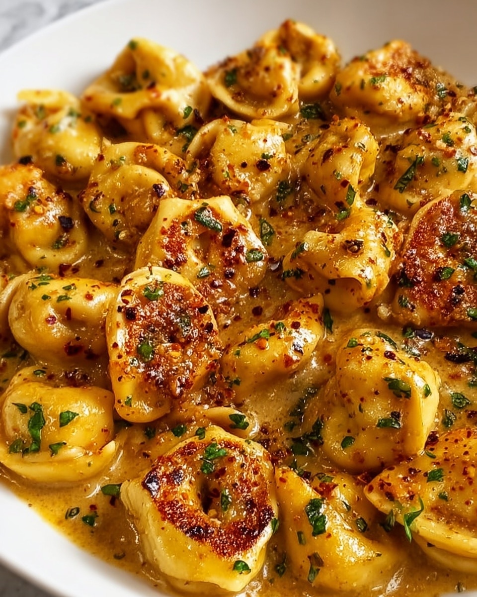 The dish shows golden brown tortellini coated in a creamy sauce with specks of black pepper and green herbs scattered all over. Each tortellini piece is plump, with crispy browned spots on the outside, giving a mix of smooth and textured surfaces. The sauce is a warm orange color that clings to the pasta, with melted cheese visible in places. Small chopped green herbs are sprinkled on top for a fresh touch. The dish is placed on a white plate, set on a white marbled surface, creating a bright and inviting look. photo taken with an iphone --ar 4:5 --v 7