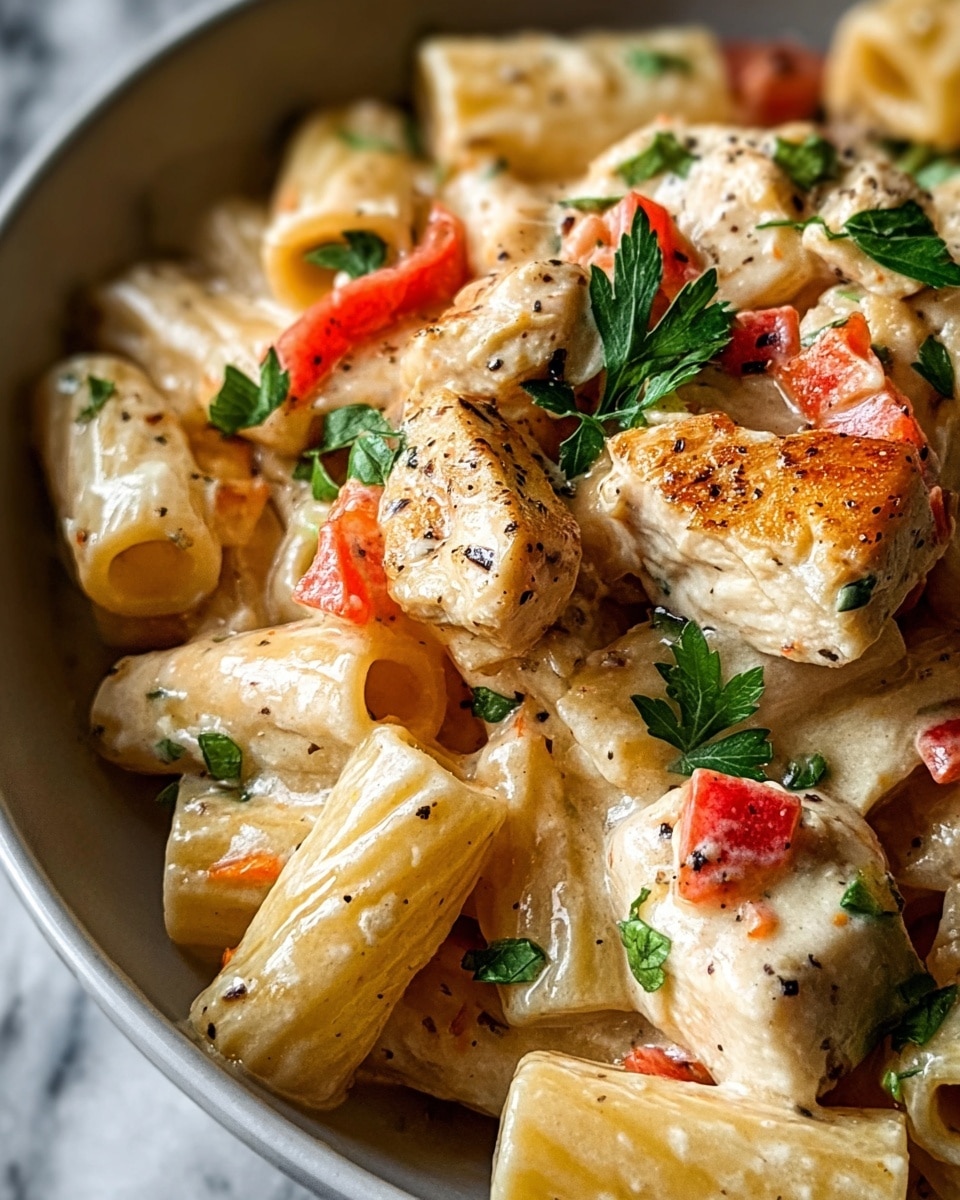 The image shows a close-up of rigatoni pasta coated in a creamy white sauce, with visible steam and glossy texture. The rigatoni pieces are pale yellow with smooth ridges, mixed with browned, tender chicken chunks that have a slight char on the edges. Scattered among the pasta and chicken are small, diced red bell peppers adding bright red color. Fresh green parsley leaves are sprinkled over the dish, providing a fresh contrast. The whole dish looks rich and appetizing, sitting on a white marbled surface. photo taken with an iphone --ar 4:5 --v 7