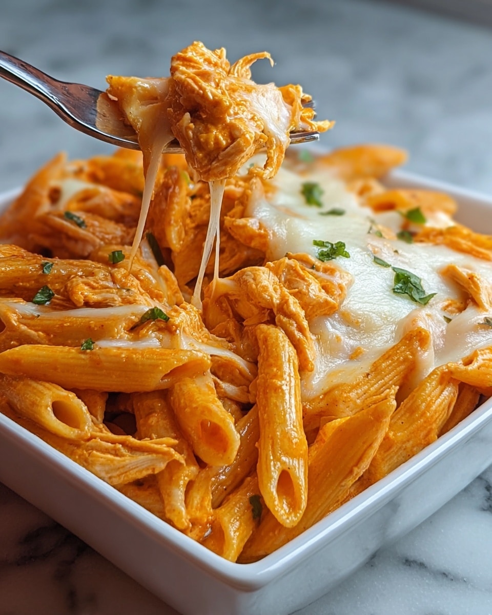 A close-up of a white bowl filled with creamy orange pasta, with tube-shaped penne covered in a smooth sauce and mixed with shredded chicken pieces. The top layer is melted, stretchy white cheese with a few small green herb pieces sprinkled on it. A shiny metal fork is lifting some pasta, showing cheesy strings stretching from the bowl. The bowl is placed on a white marbled surface. photo taken with an iphone --ar 4:5 --v 7