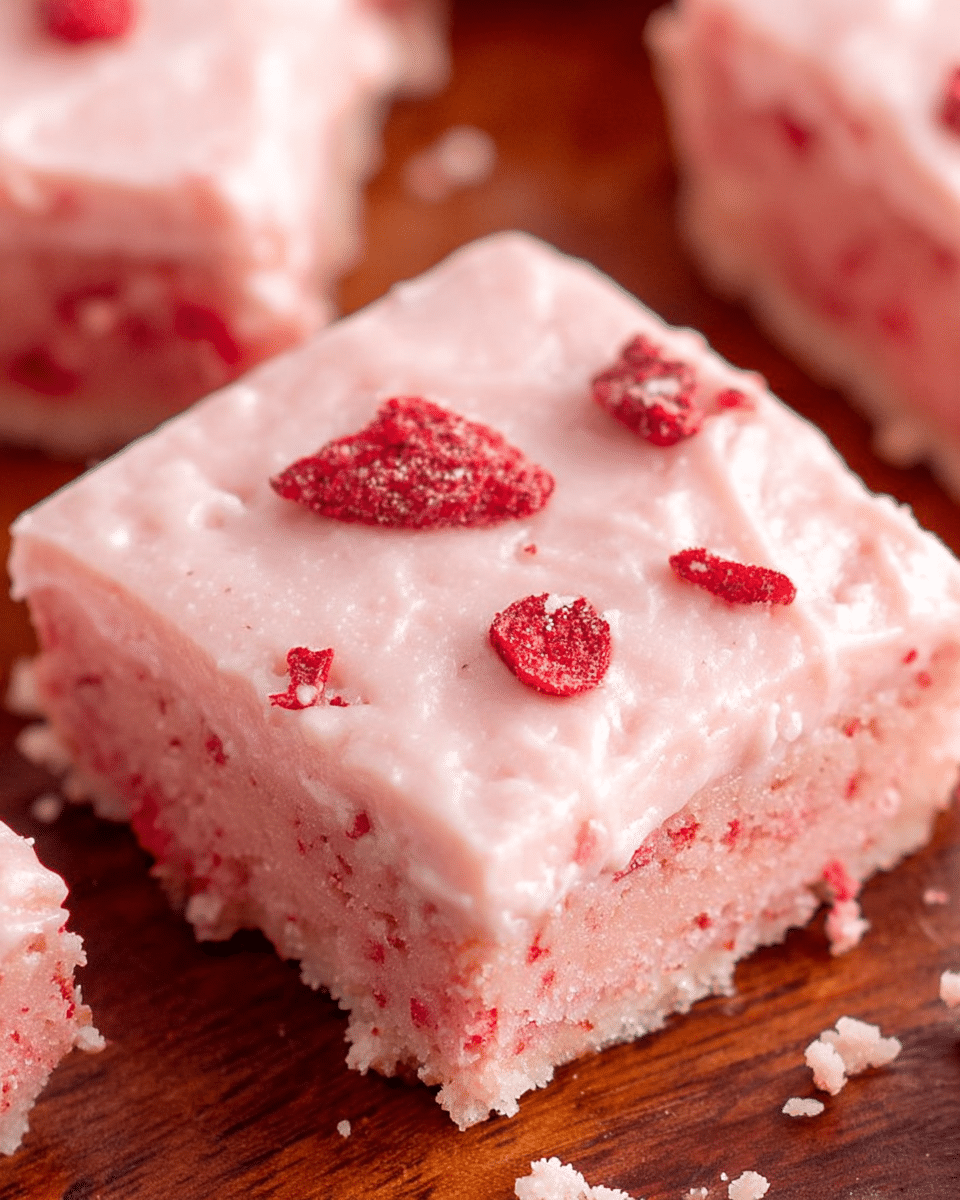 The image shows a close-up of a single square pink dessert piece placed on a wooden surface with parts of similar pieces around it. This square treat has two visible layers: a lighter pink frosted top layer sprinkled with small, bright red dried fruit bits, and a slightly darker pink cake-like bottom layer with a soft texture. The frosting appears smooth and glossy with tiny specks, while the dried fruit adds a rough texture contrast. The wooden surface underneath has natural grain and warm tones. photo taken with an iphone --ar 4:5 --v 7