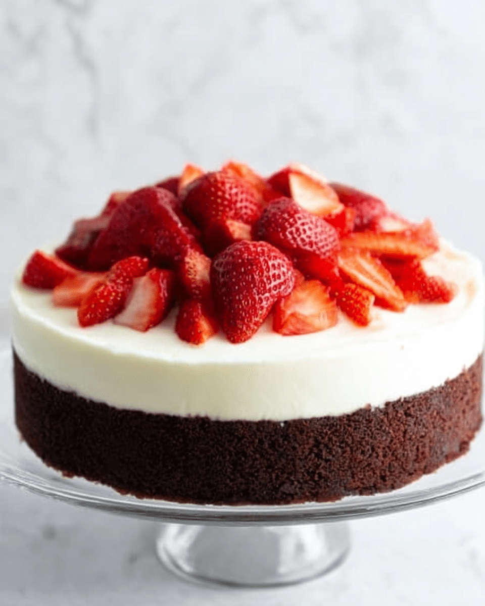 A round dessert with three clear layers is shown on a white marble surface. The bottom layer is thick and dark brown with a rich, dense texture like chocolate cake. The middle layer is a thick, smooth, creamy white layer, evenly spread across the cake. The top layer is a fluffy white cream, spread thickly and topped with fresh, sliced strawberries in bright red, arranged in a loose pile at the center and scattered slightly around the edges. The overall look is fresh and inviting, with the red strawberries contrasting nicely against the white cream and dark base. Photo taken with an iphone --ar 4:5 --v 7