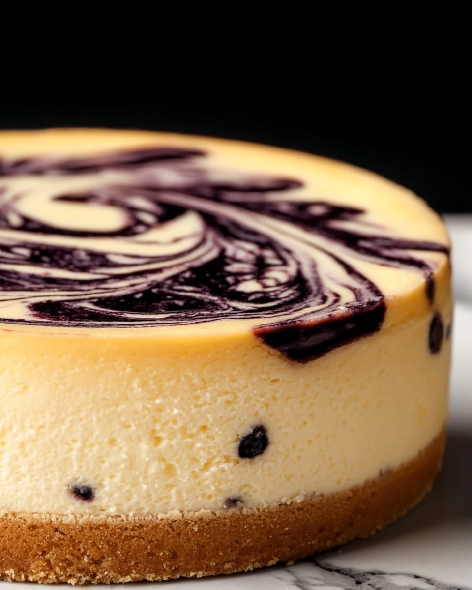 A close-up view of a round cheesecake showing three distinct layers: the bottom layer is a thick, crumbly golden brown crust; the middle layer is a thick, creamy light beige cheesecake body; the top layer is a smooth mix of creamy white with swirls of deep purple blueberry sauce creating a marbled pattern. The cake is placed on a white marbled surface with a dark background that makes the colors stand out. photo taken with an iphone --ar 4:5 --v 7