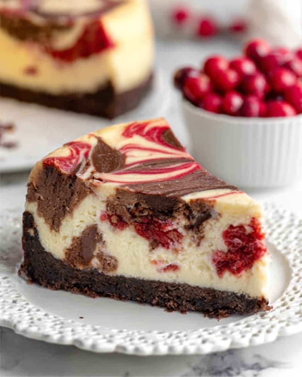 A slice of creamy cheesecake sits on a white plate with delicate patterns. The cheesecake has three main layers: the bottom layer is a dark brown crumbly crust, the thick middle layer is light cream cheese mixed with bright red and dark red swirls, and the top layer has a smooth, creamy yellow surface with red and dark red swirls blending into it. There are red and dark red cranberries scattered inside the cheesecake and a few on the plate's edge. Behind the plate, a white bowl filled with fresh red cranberries sits on a white marbled surface, adding a fresh touch to the scene. Photo taken with an iphone --ar 4:5 --v 7