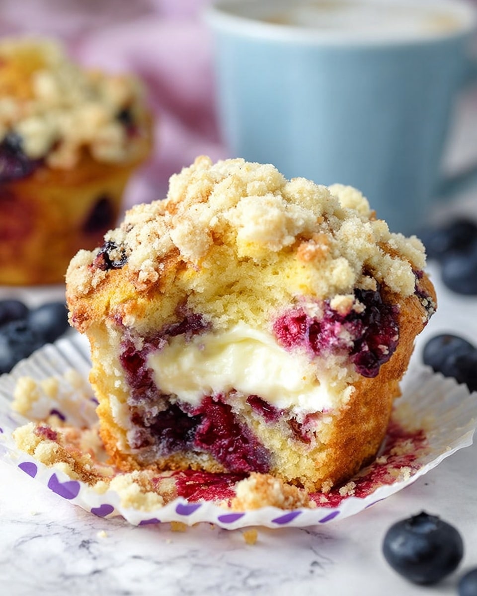 A close-up of a muffin with three visible layers: a golden crumbly top with bits of red and dark purple berries, a middle creamy white filling, and a golden muffin base with pieces of berries baked inside. The muffin is placed on a white paper liner with purple and pink stains, sitting on a white marbled surface. There are scattered whole blueberries around, and a blurred white mug with a handle is in the background. photo taken with an iphone --ar 4:5 --v 7