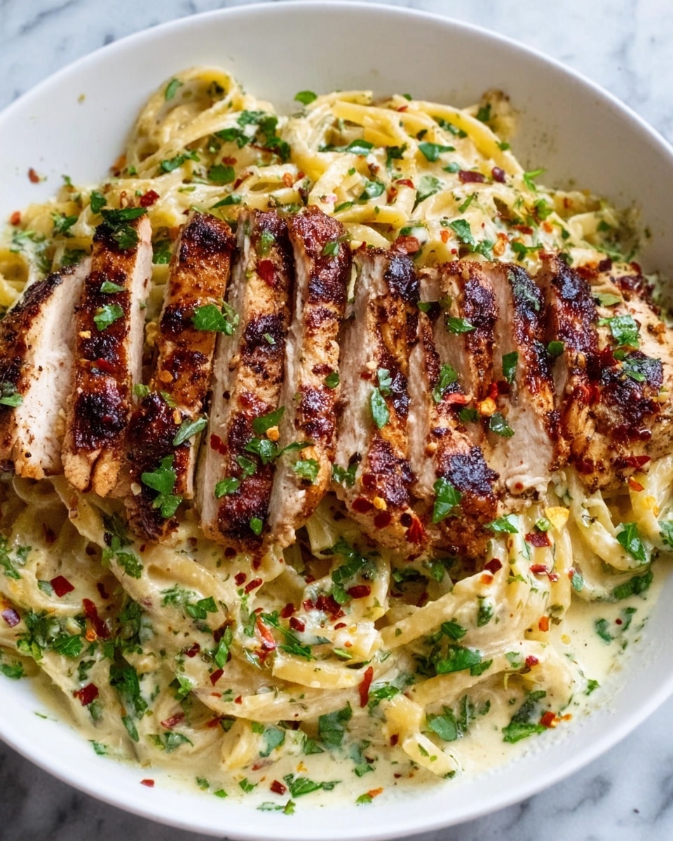 A white plate on a white marbled surface holds a serving of creamy spaghetti pasta coated in a smooth light beige sauce. On top of the pasta are three pieces of grilled chicken breast, each with a golden brown, slightly charred crust and visible grill marks. Small bits of red chili flakes and chopped green herbs are sprinkled evenly over the chicken and pasta. The texture of the pasta is soft and slightly glossy, while the chicken looks juicy and tender. Photo taken with an iphone --ar 4:5 --v 7