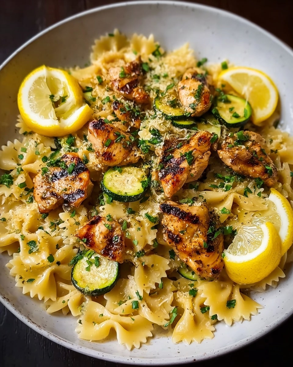 A dish with three main layers on a white plate set on a white marbled texture: the bottom layer is a bed of light yellow bowtie pasta, glossy and slightly oily, filling the plate; the middle layer has browned grilled chicken pieces with grill marks, scattered evenly on the pasta along with thin slices of green zucchini; the top layer is garnished with green chopped herbs and five lemon wedges placed around the dish, adding bright yellow highlights and a fresh look. photo taken with an iphone --ar 4:5 --v 7