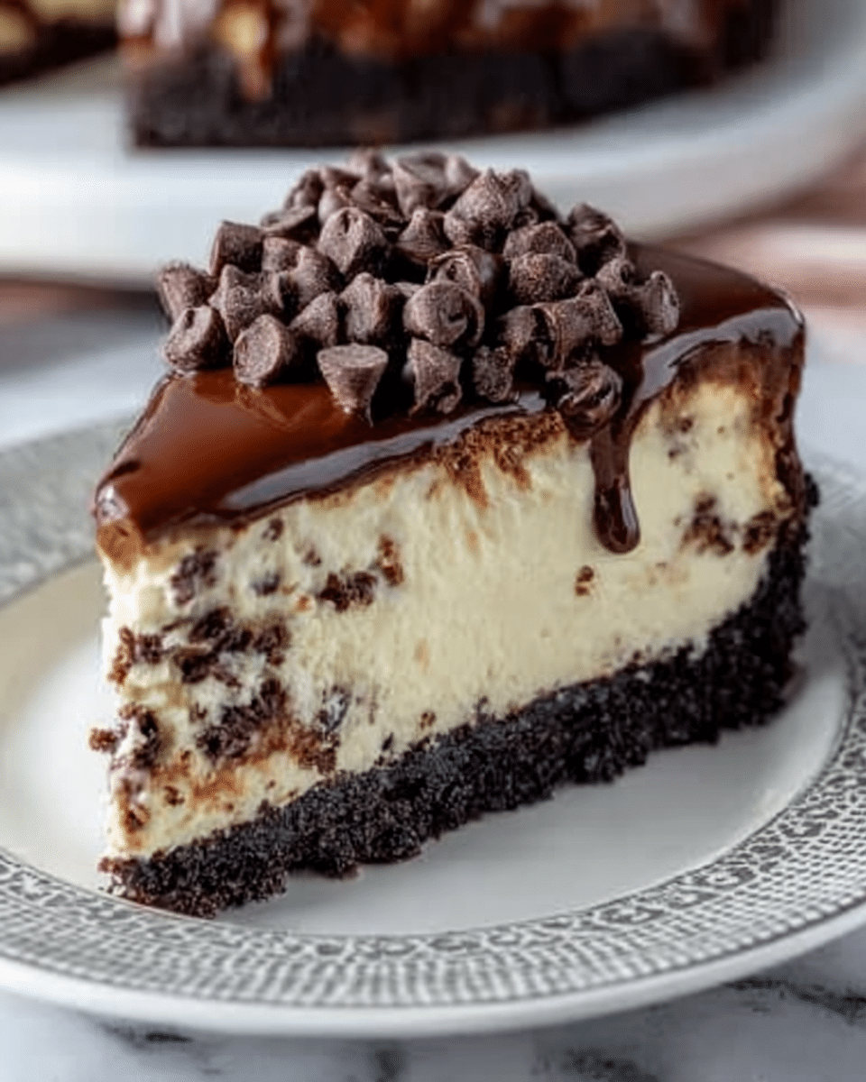 The image shows a close-up of a layered dessert slice on a white plate with a delicate gray and brown pattern. The bottom layer is a dark, crumbly chocolate crust, dense and slightly rough in texture. On top of the crust is a thick, creamy cheesecake layer, pale yellow with a smooth and slightly fluffy texture, embedded with small dark chocolate bits. The cheesecake is topped with a shiny, rich chocolate ganache that drips slightly over the edge. Sitting on the ganache are many small, dark chocolate chips, piled up in a neat heap covering the top surface. The background has a white marbled texture, softly blurred to keep focus on the dessert. photo taken with an iphone --ar 4:5 --v 7