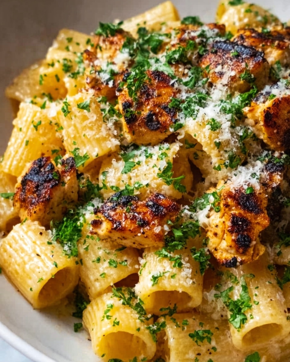 A close-up view of rigatoni pasta coated in a creamy, light yellow sauce, mixed with grilled chicken pieces that are golden brown with some char marks. The pasta and chicken are sprinkled with finely chopped green parsley and a light dusting of grated cheese that adds a slightly white texture on top. The meal is placed on a white marbled surface, making the colors of the food stand out vividly. Photo taken with an iphone --ar 4:5 --v 7