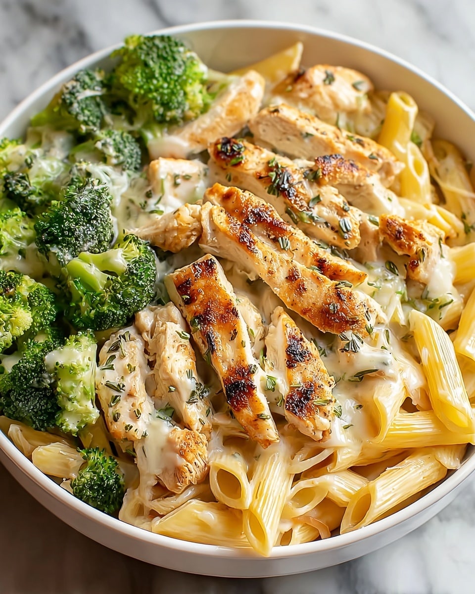 A white bowl filled with a creamy pasta dish that has three main layers: the bottom layer is light yellow penne pasta with a smooth texture, the middle layer consists of bright green broccoli florets scattered throughout, and the top layer showcases golden-brown grilled chicken pieces with slight char marks, all coated lightly in a melted white cheese sauce that ties the dish together. The bowl sits on a white marbled surface. photo taken with an iphone --ar 4:5 --v 7