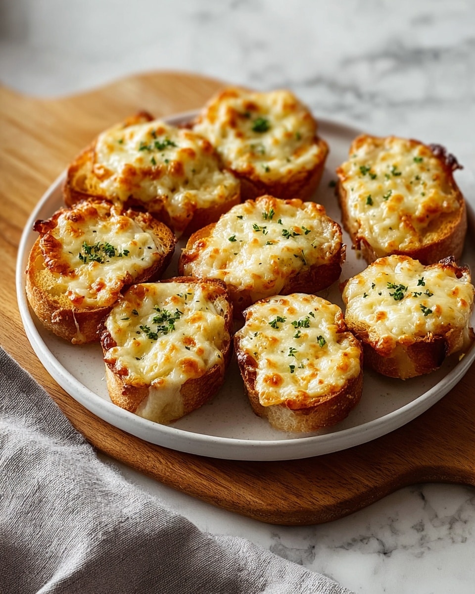 A round white plate holds nine pieces of toasted bread topped with melted, bubbly golden cheese. Each bread piece shows a crispy light brown crust and a soft, toasted inner texture. The cheese layer is thick, creamy white with browned, slightly crispy spots, sprinkled with small green herb flakes. The plate sits on a wooden board over a white marbled surface, with soft natural lighting that highlights the cheese’s shiny, warm texture. photo taken with an iphone --ar 4:5 --v 7