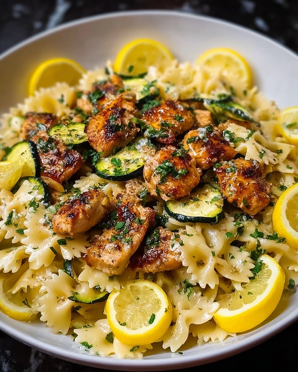 A white plate holds a dish with three main layers: the bottom layer is pale yellow bowtie pasta, glistening slightly with a light sauce; scattered on top are small, browned grilled chicken pieces, each with a textured, crispy surface; thin slices of dark green zucchini are mixed in with the pasta and chicken, adding a fresh contrast. Bright yellow lemon wedges with visible juicy pulp are placed on top, along with chopped green herbs sprinkled evenly over the entire dish. The background is a white marbled texture. photo taken with an iphone --ar 4:5 --v 7