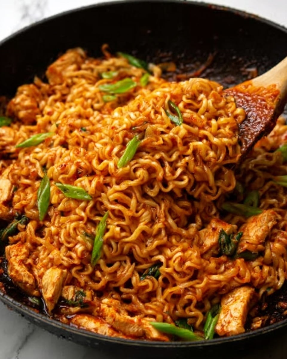 A close-up view of a black pan filled with cooked instant noodles mixed with pieces of chicken. The noodles are coated in a reddish-brown sauce, giving them a glossy and slightly sticky look. Scattered on top are small green onion slices, adding a fresh green contrast to the warm colors. A wooden spatula is lifting a portion of the noodles, showing their curly, soft texture. The photo is set on a white marbled surface. Photo taken with an iphone --ar 4:5 --v 7