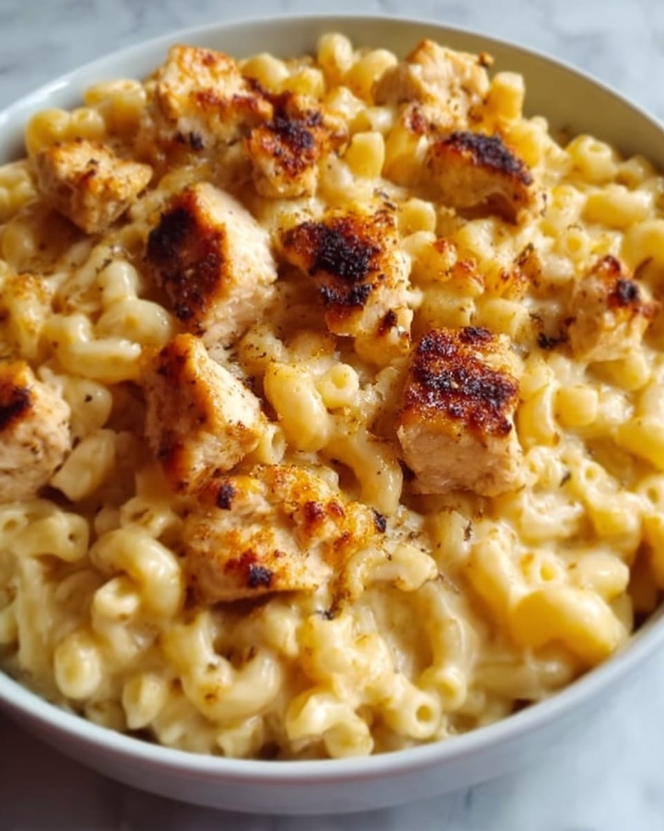 A white bowl filled with farfalle pasta covered in a creamy sauce, topped with several pieces of golden-brown grilled chicken that have a slightly crispy texture and sprinkled with herbs and red pepper flakes. There are small pieces of bright green broccoli placed around the pasta and chicken. In the center, a square pat of melting butter adds a glossy finish. The dish sits on a white marbled surface. photo taken with an iphone --ar 4:5 --v 7