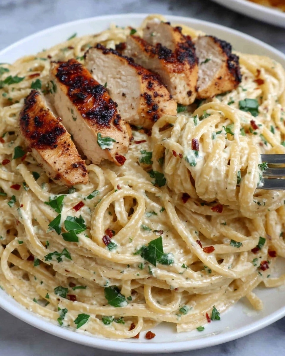 A white plate holds creamy spaghetti pasta with a smooth, white sauce mixed with small green herb pieces and red pepper flakes spread evenly. On top, there are three pieces of grilled chicken breast, browned and slightly charred in golden brown, arranged in a triangle shape. Fresh green parsley leaves are sprinkled over the dish, adding a bright contrast. The plate sits on a white marbled surface, and a woman's hand is reaching from the right, holding a fork twirling some pasta. Photo taken with an iphone --ar 4:5 --v 7
