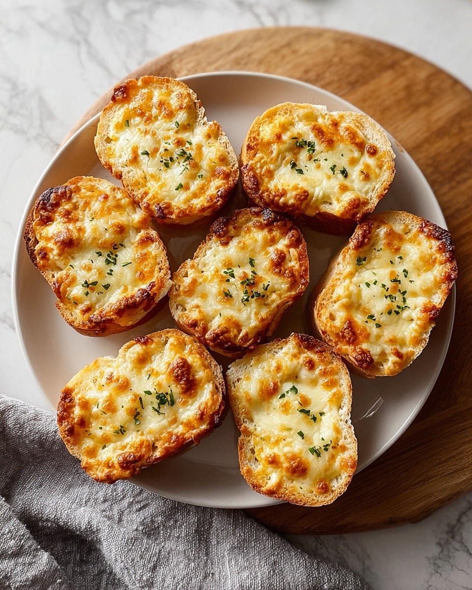 A white plate holds nine pieces of toasted bread slices arranged close together, each topped with a golden-brown melted cheese layer that looks bubbly and slightly crispy. The bread has a light brown crust and a soft golden inside. Small green herb bits are sprinkled on top of the cheese. The plate is placed on a round wooden board over a white marbled surface. photo taken with an iphone --ar 4:5 --v 7