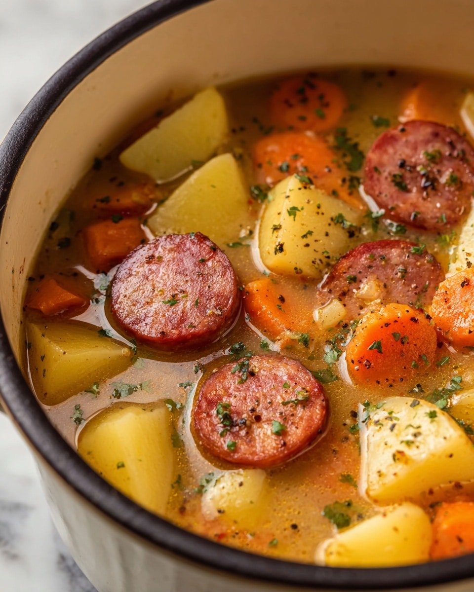 The image shows a close-up of a soup with visible layers of thick slices of reddish-brown sausage, chunky pale yellow potato pieces, and round bright orange carrot slices, all floating in a golden broth that has a slightly oily texture. The sausage slices have a slightly rough surface with small bits of herbs on top, and the potatoes have a smooth and soft look with some sprinkled black pepper and green herbs. The carrots are evenly cut with a soft texture. The soup is contained in a white enamel pot with a black rim, sitting on a white marbled surface. Photo taken with an iphone --ar 4:5 --v 7