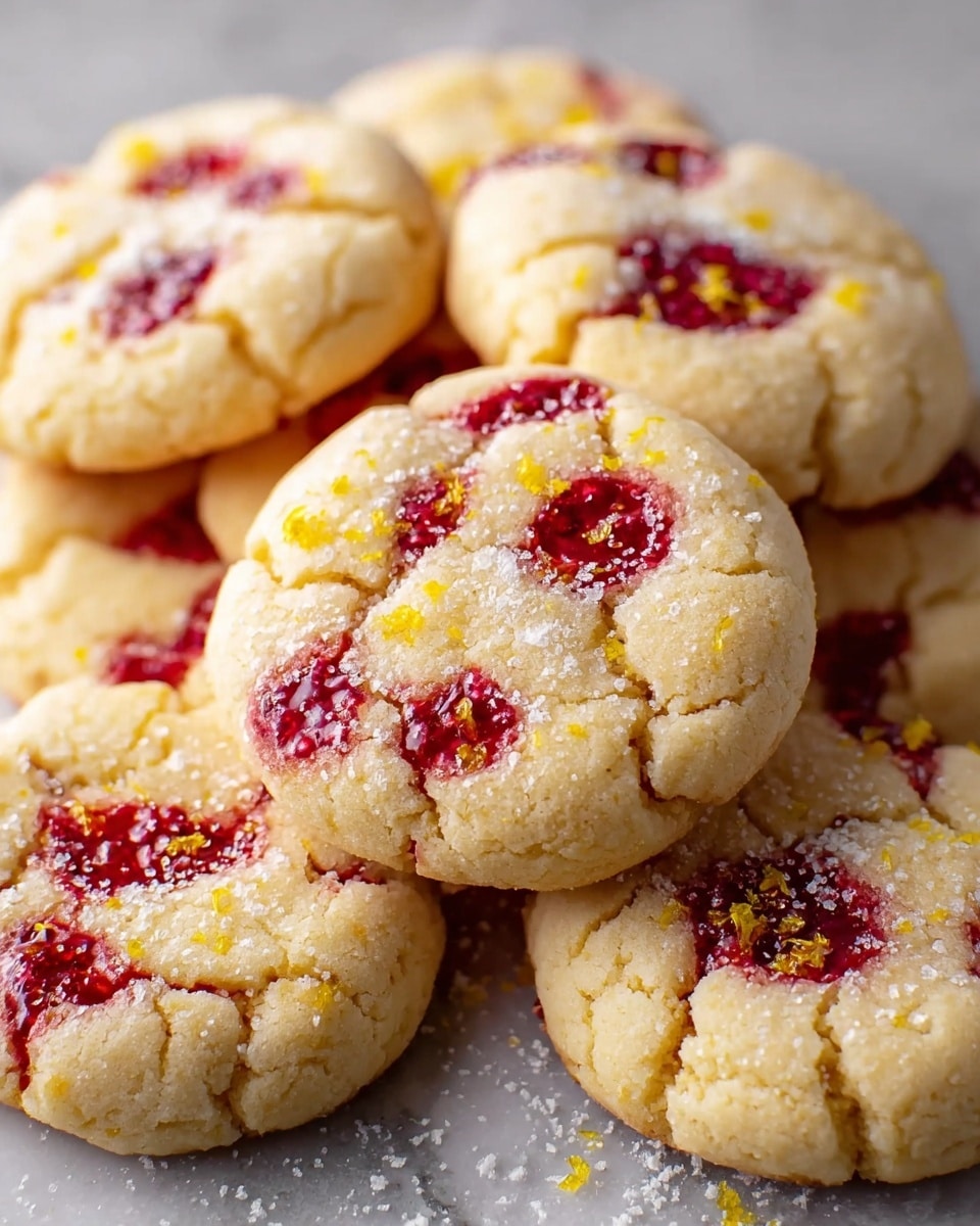 A close-up view of several round cookies stacked on a white marbled surface, each cookie showing a cracked light golden yellow texture. They have deep red raspberry spots embedded on the top surface, creating a contrast of colors, along with small white powdered sugar sprinkles and tiny yellow zest pieces scattered over the tops. The cookies appear soft and slightly crumbly, with a rustic, homemade look, some cookies partially obscured behind others. Photo taken with an iphone --ar 4:5 --v 7